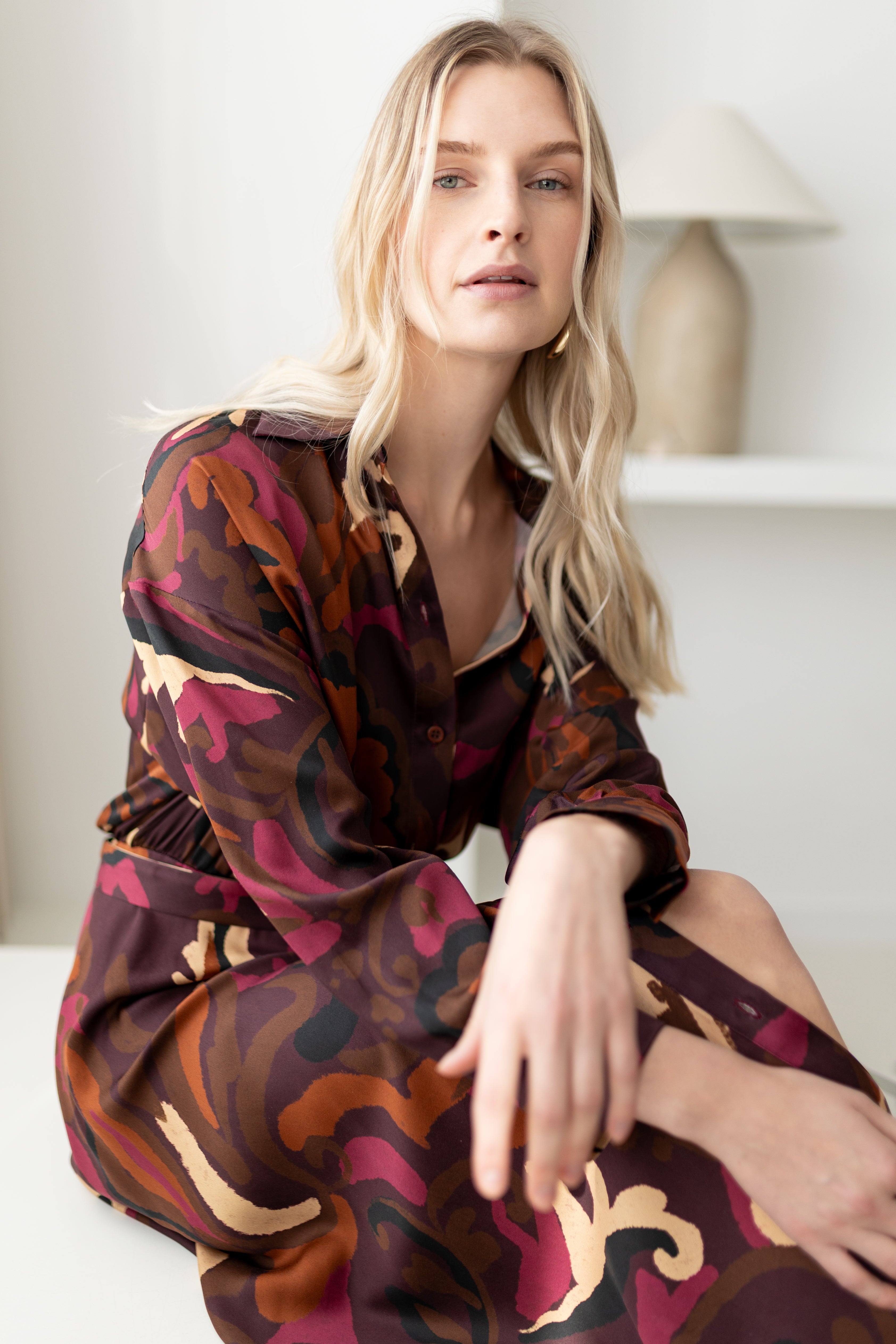 MEGARA Brown Pink Print Oversized Midi Shirt Dress With Kimono Sleeves