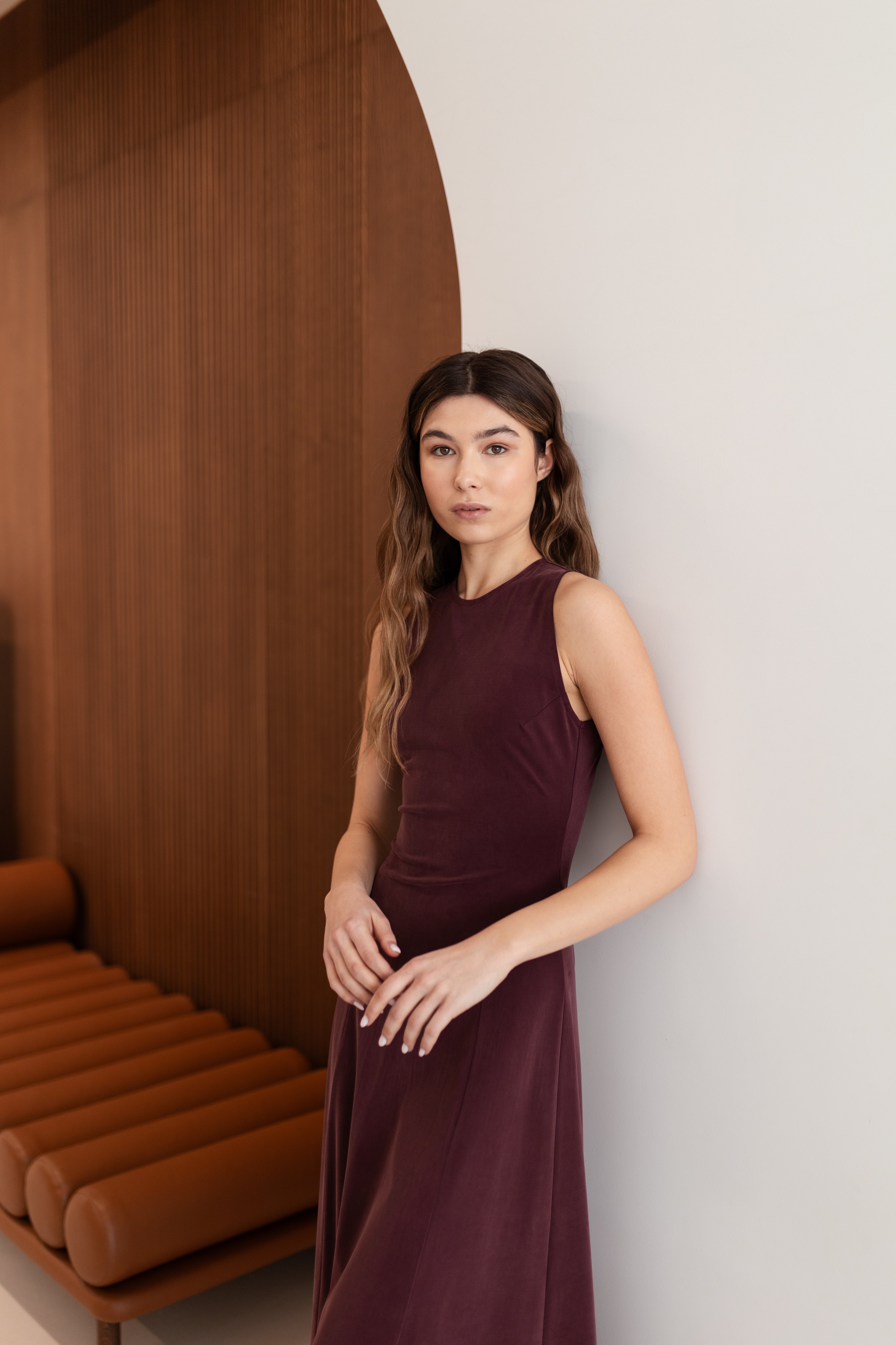 SEBA Grape Purple Cozy Knit Midi Dress with Flared Skirt