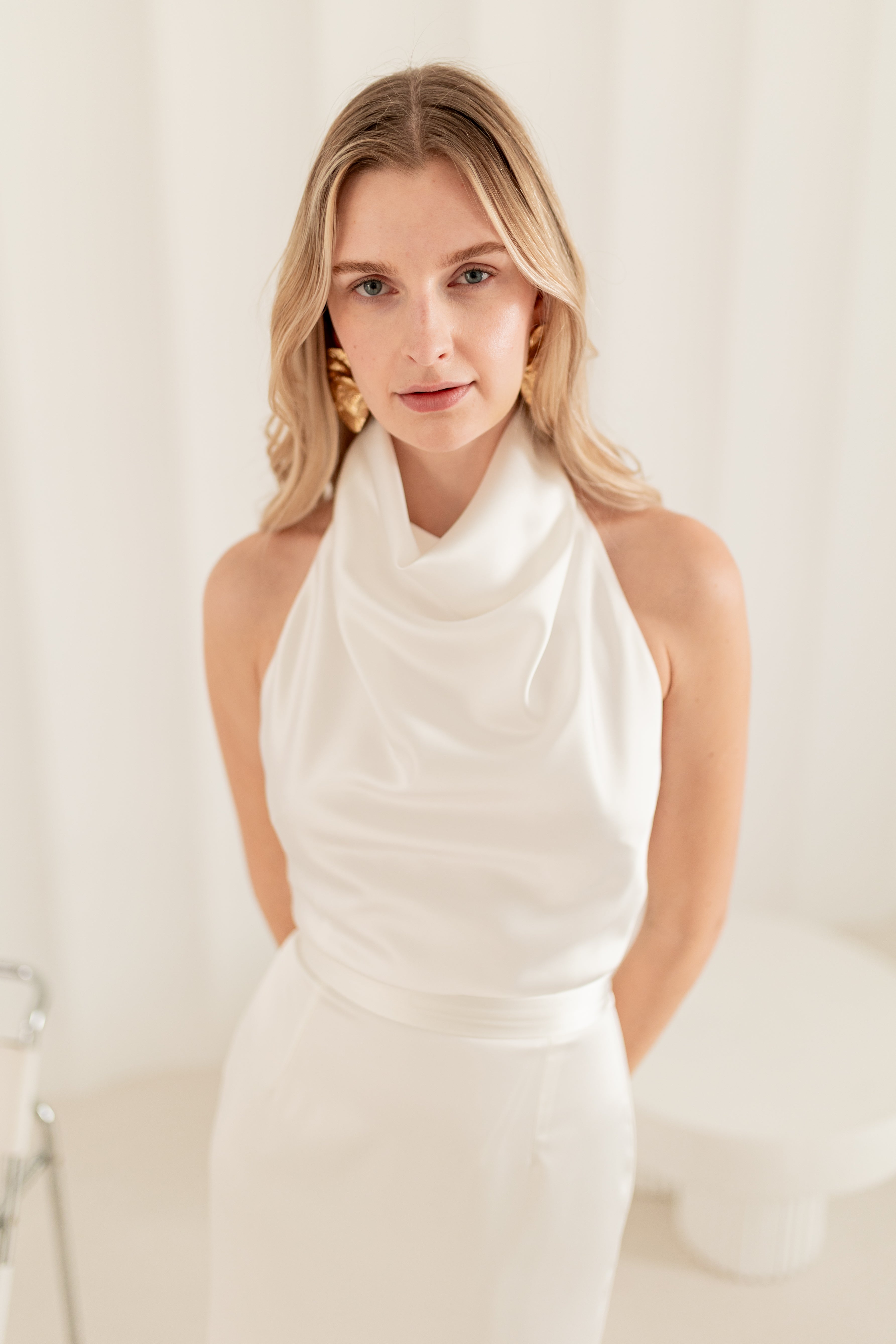 CASANDRA Soft Off-White Satin Long Wedding Dress With Cowl Neck