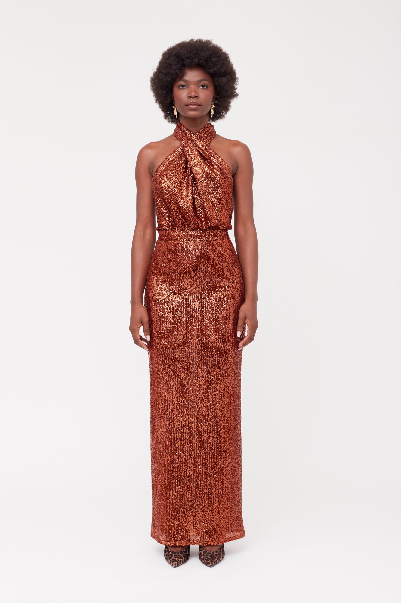 Evening Gown Brown Sequin Dress with Halter Neck Alta Front