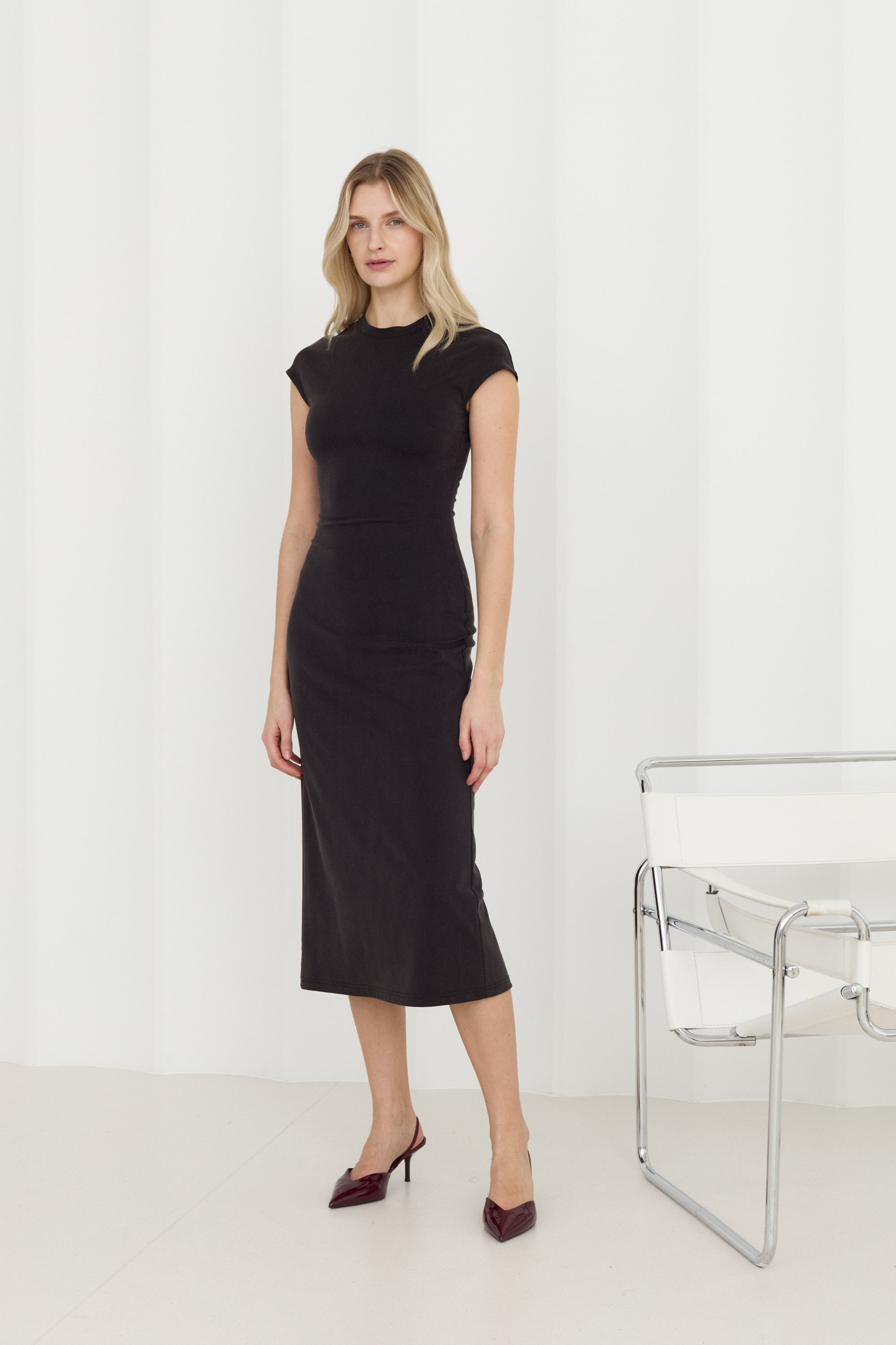 ASTER Black Jersey Bodycon Midi Dress with Cap Sleeves