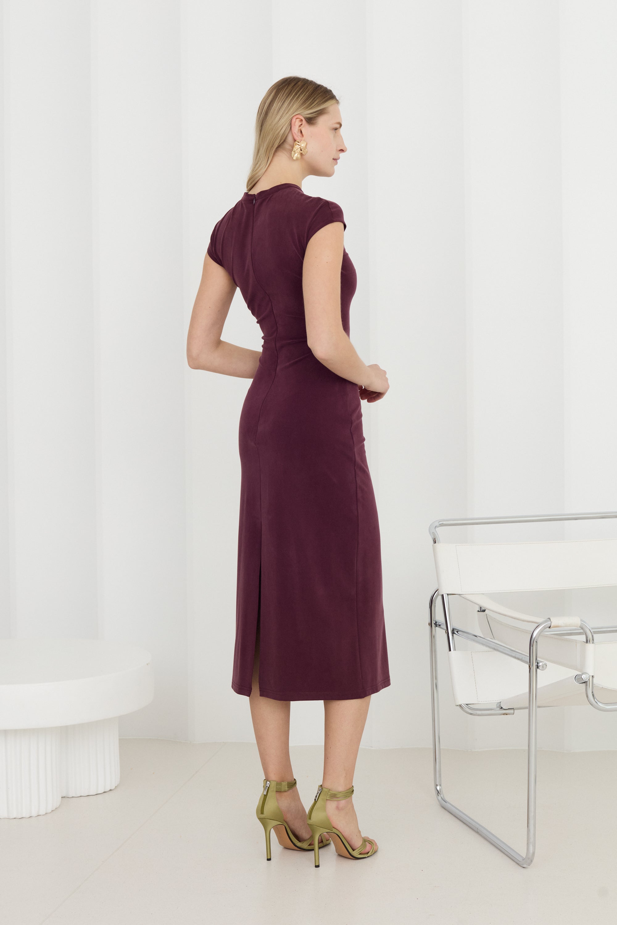 ASTER Dark Purple Jersey Midi Dress with Cap Sleeves