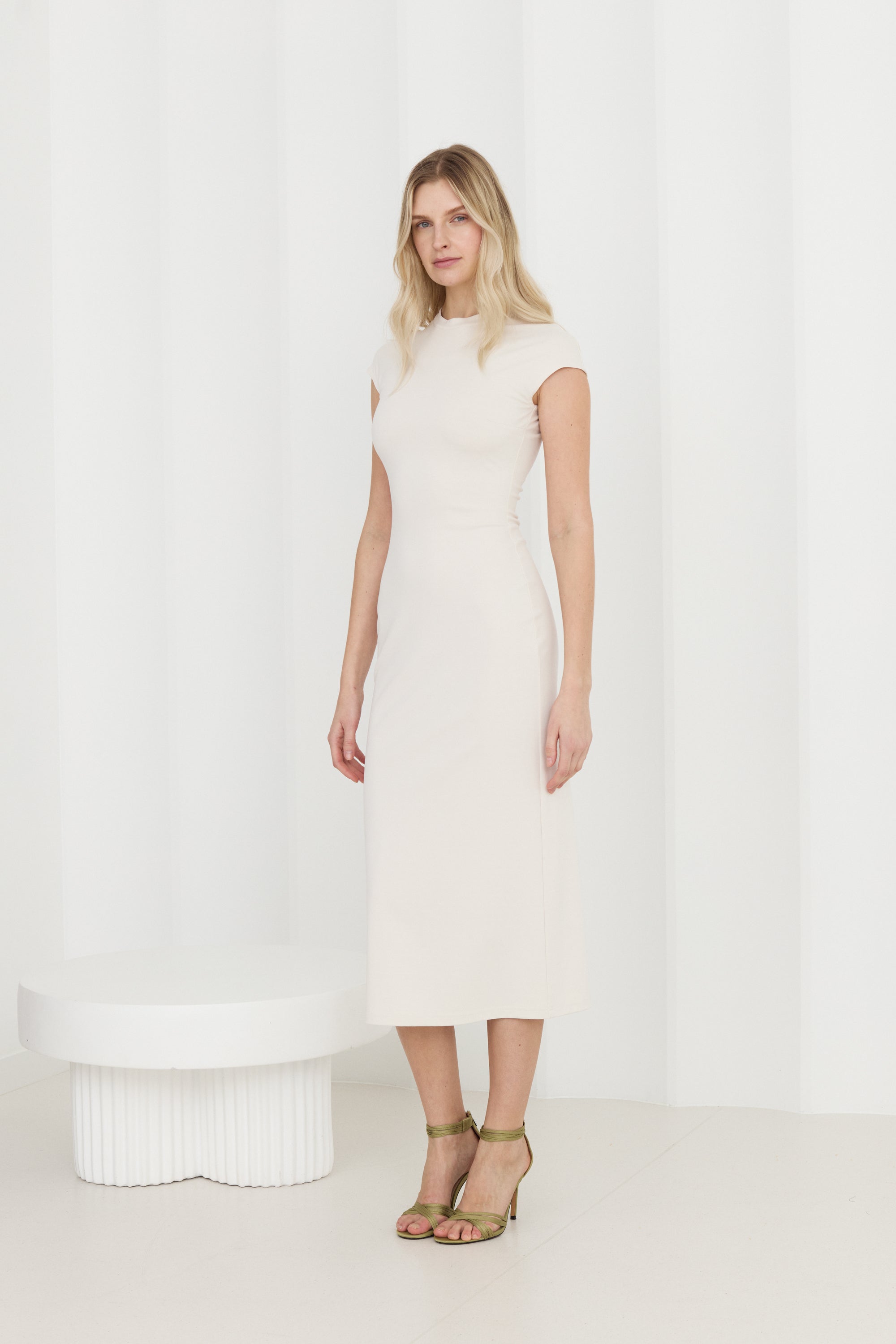 ASTER Off-White Jersey Midi Dress with Cap Sleeves