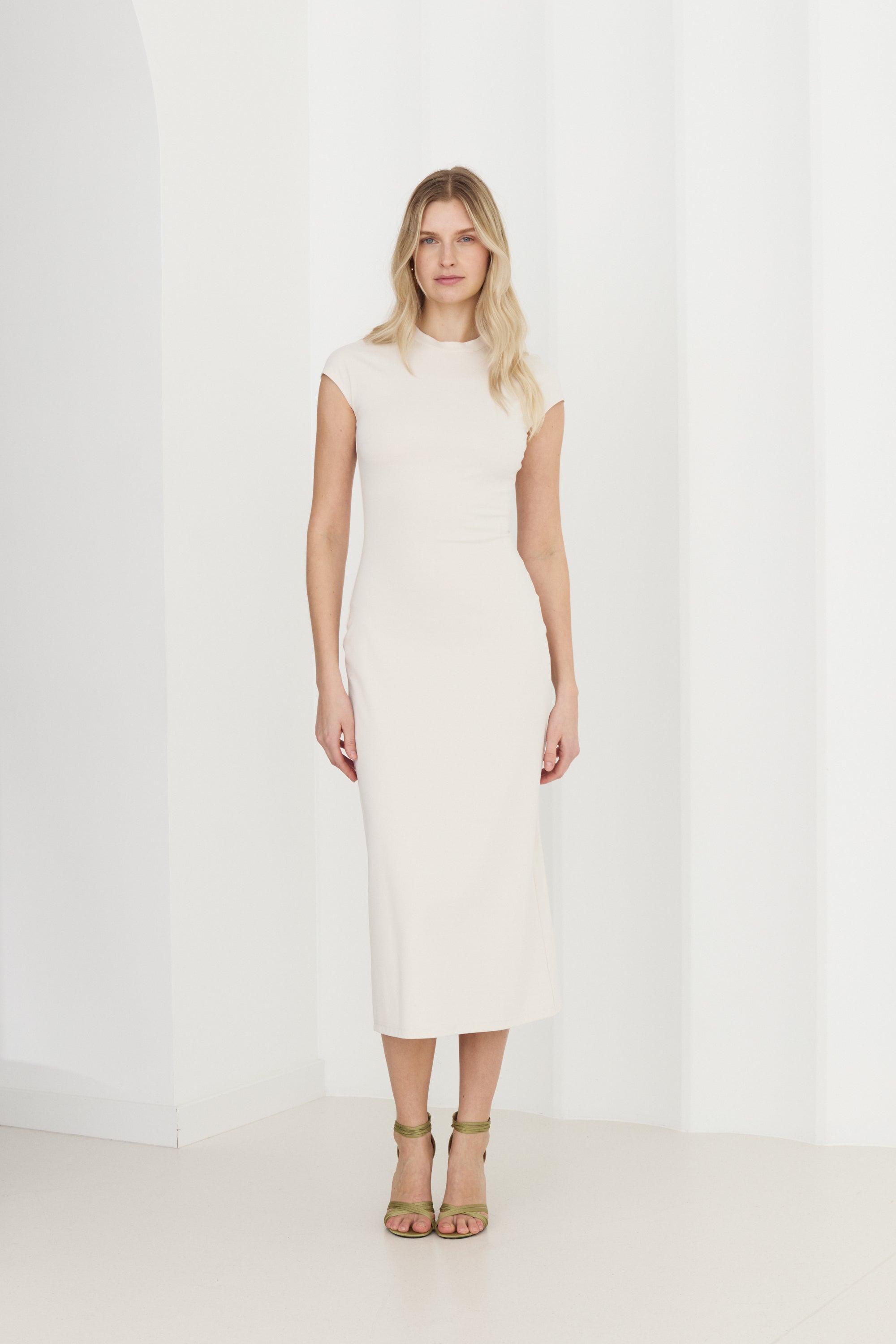 ASTER Off-White Jersey Midi Dress with Cap Sleeves