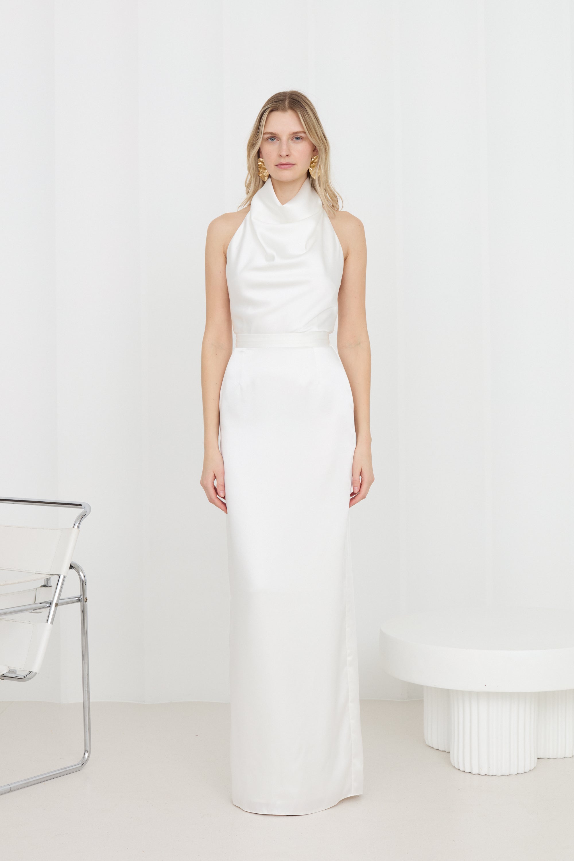 CASANDRA Soft Off-White Satin Long Wedding Dress With Cowl Neck