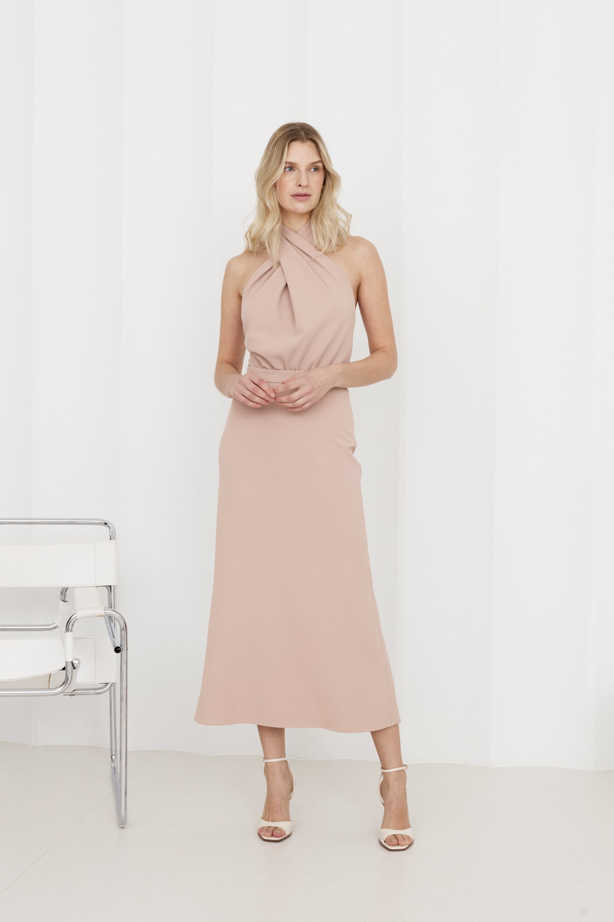 CELIA dusty pink halter neck midi dress