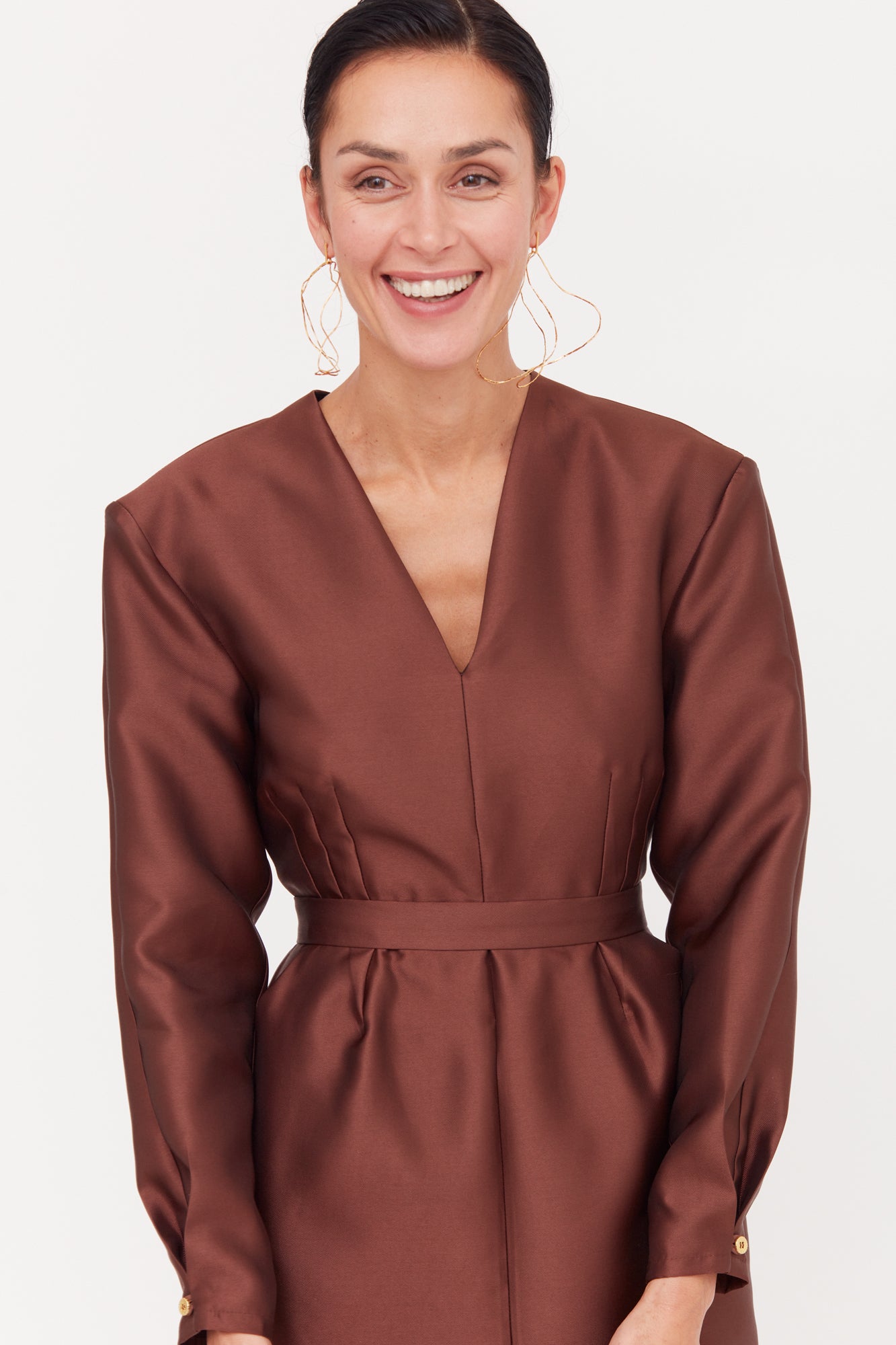 DEMA Brown Shoulder Pad Midi Smart Casual Dress