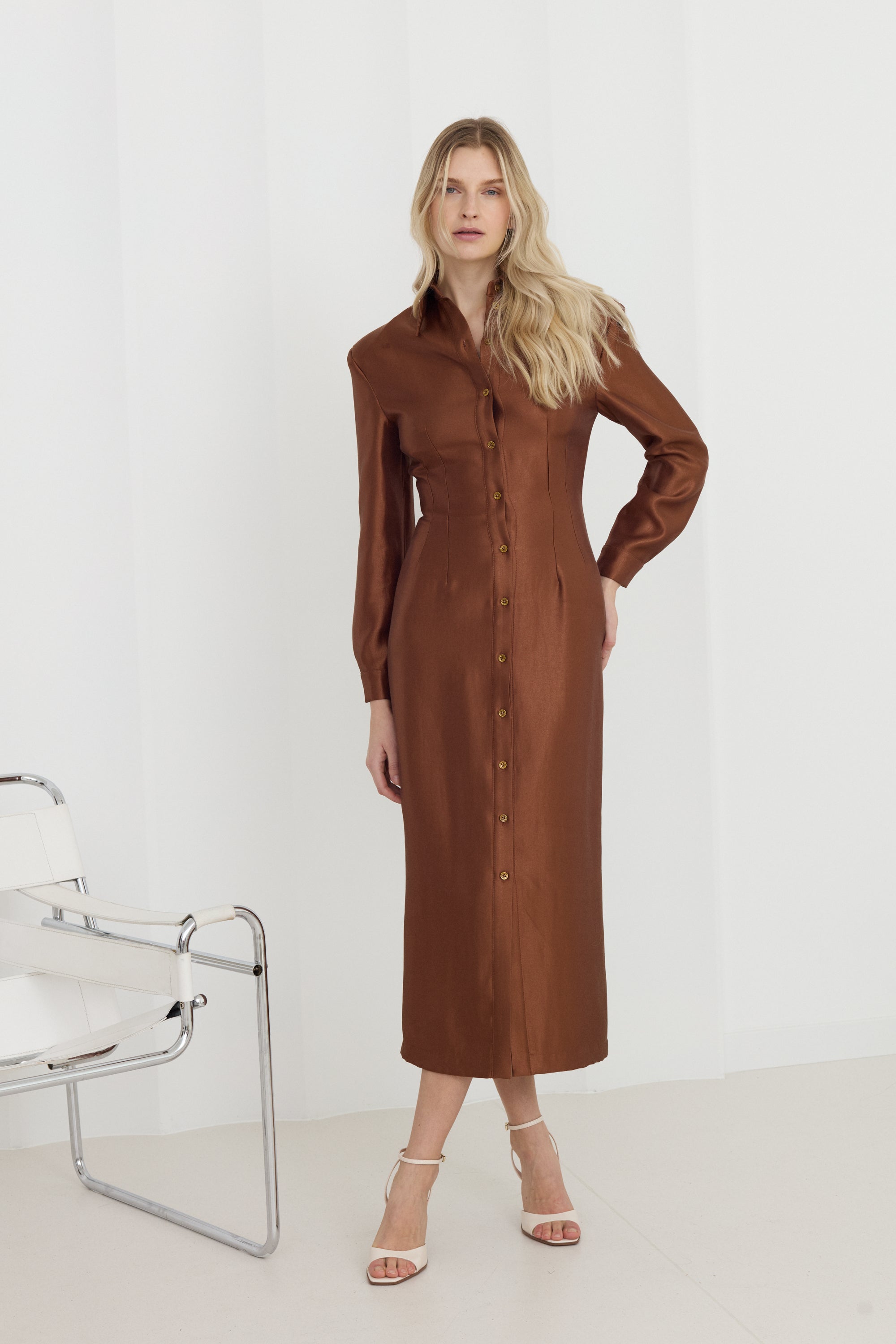 EDITH Brown Fitted Midi Shirt Dress