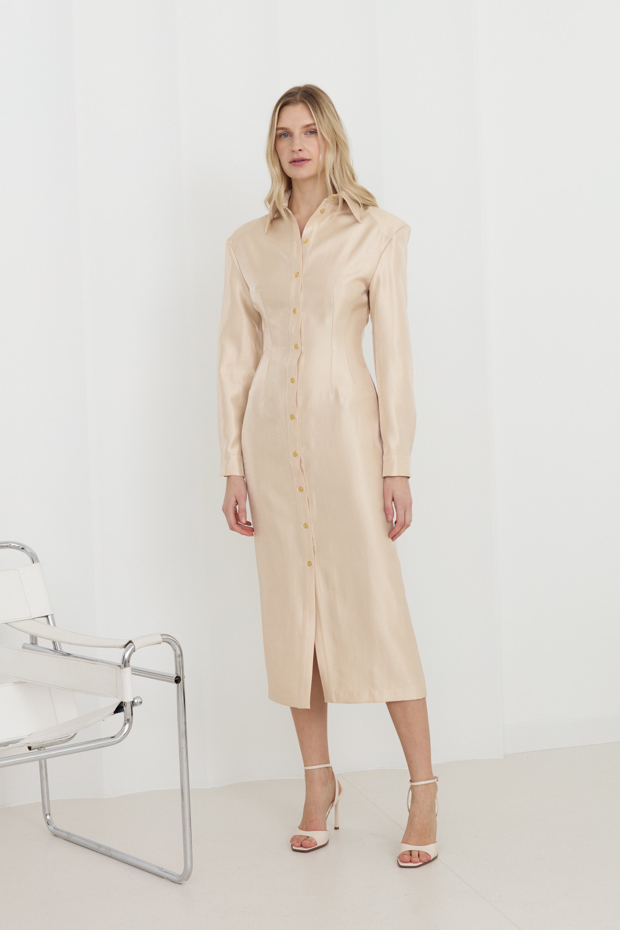 EDITH Pastel Fitted Midi Shirt Dress With Golden Buttons