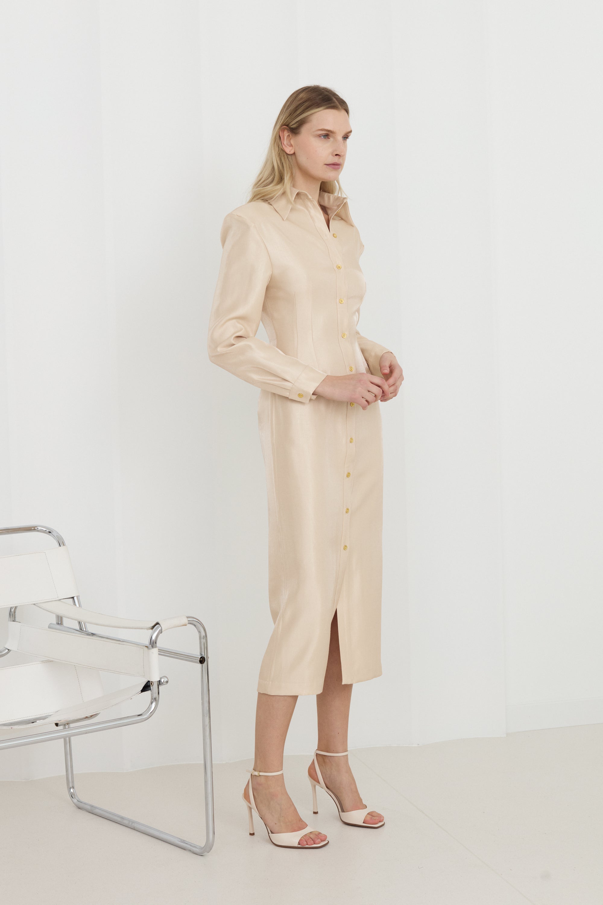 EDITH Pastel Fitted Midi Shirt Dress With Golden Buttons