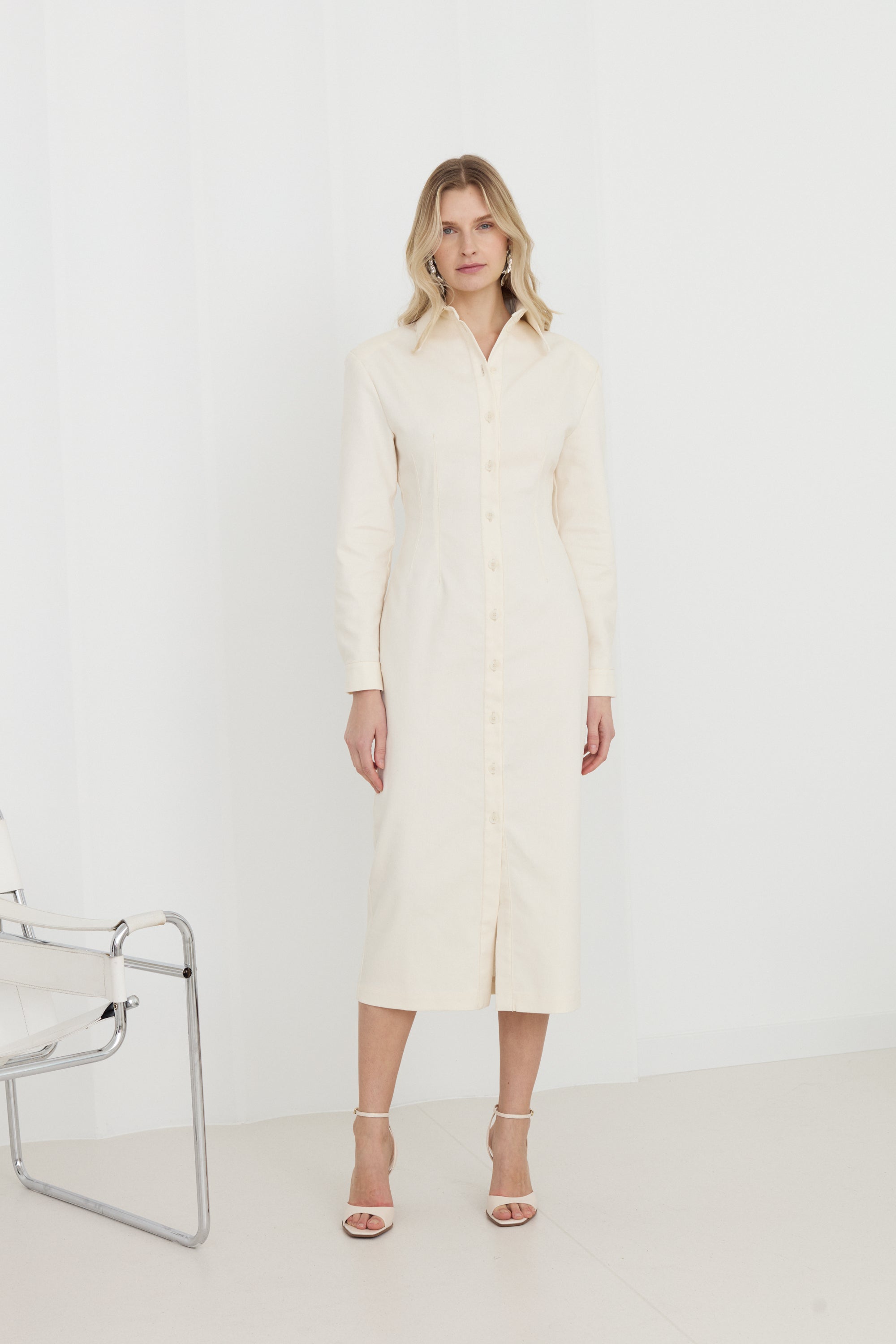 EDITH White Denim Fitted Midi Shirt Dress