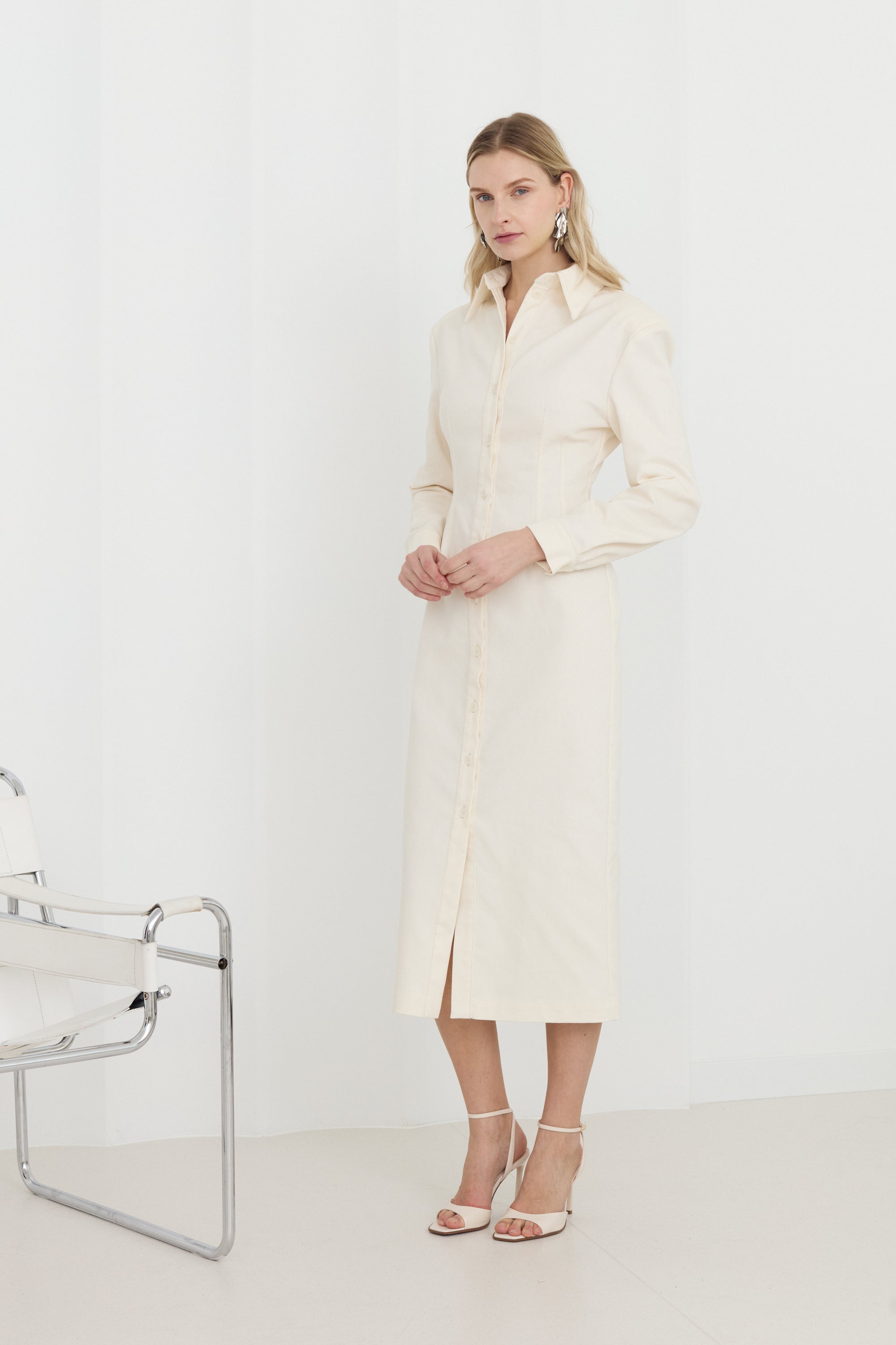 EDITH White Denim Fitted Midi Shirt Dress