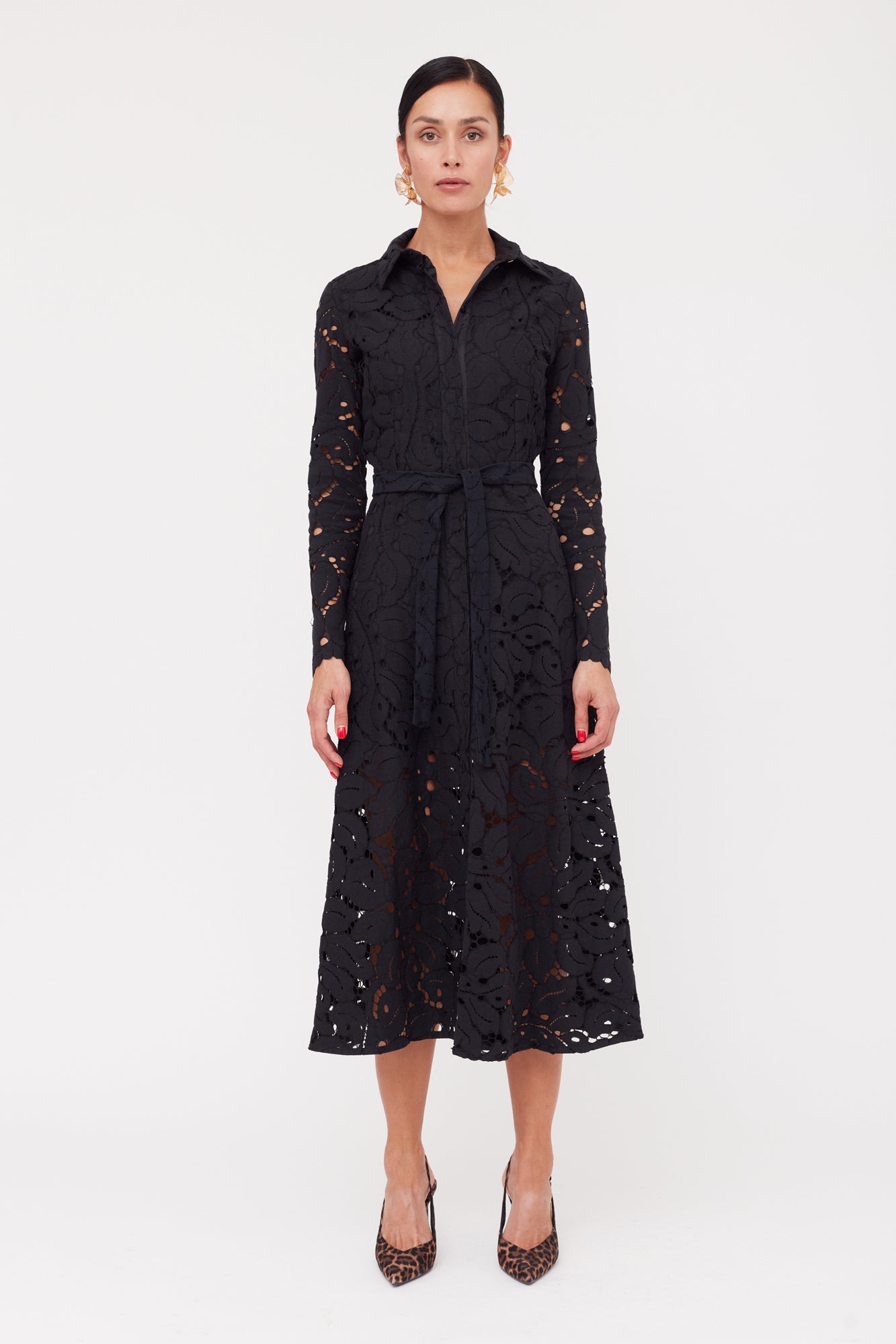 ERBA Black Floral Lace Midi Shirt Dress