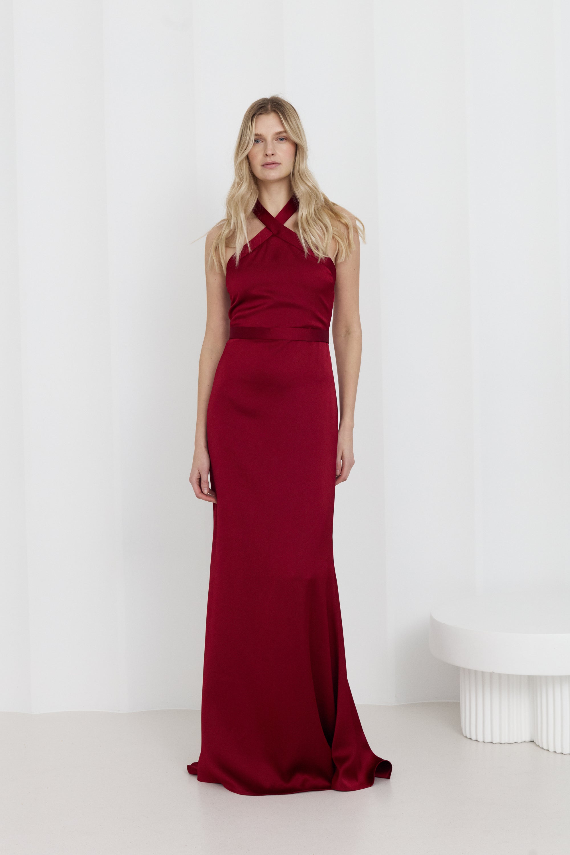 GISEL Red Halter Neck Long Evening Dress