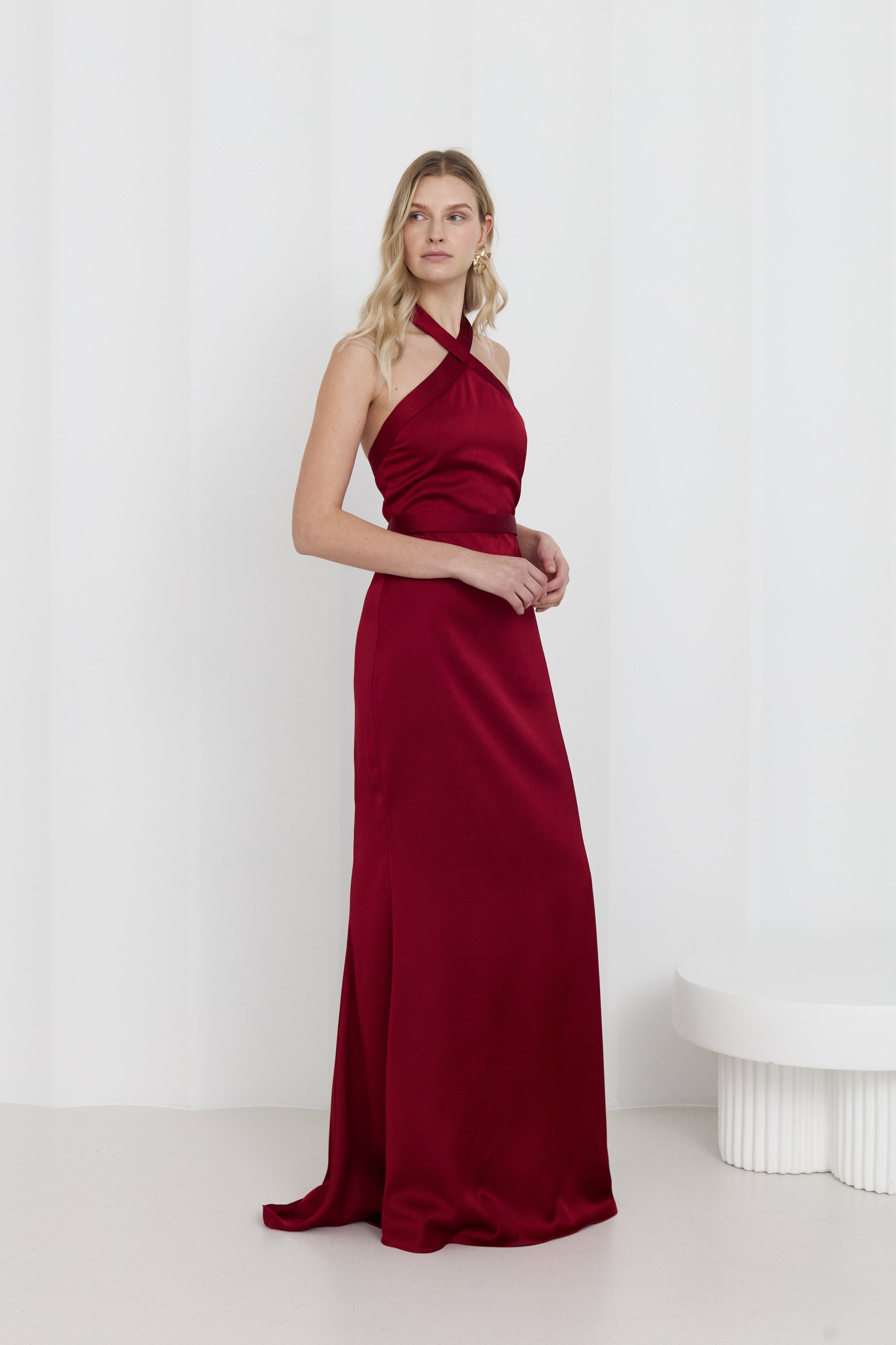GISEL Red Halter Neck Long Evening Dress