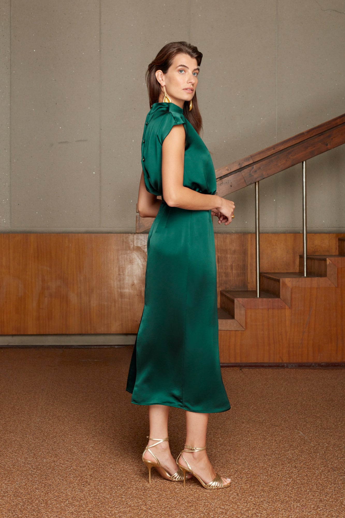 elegant green satin dress for wedding guest