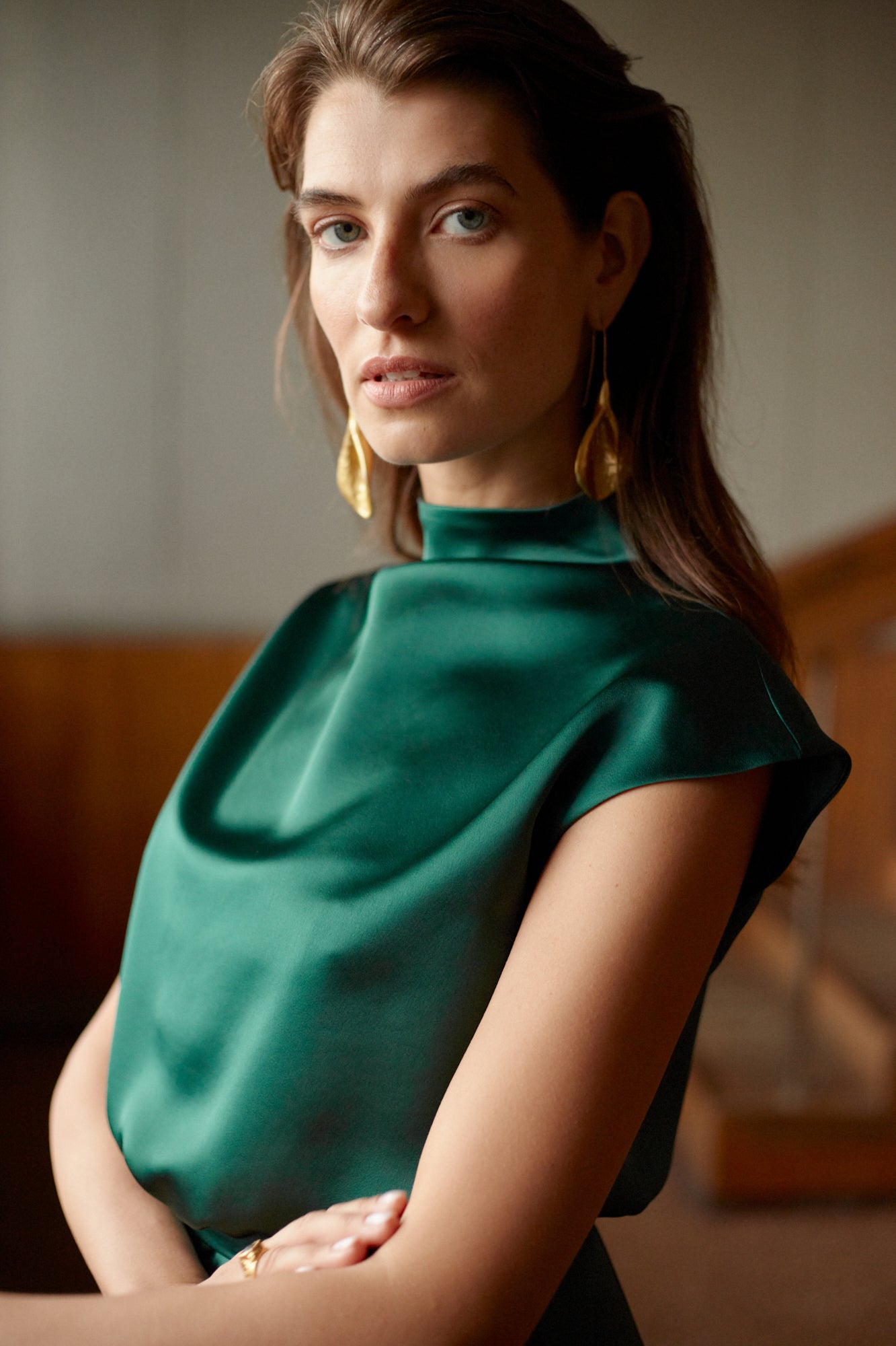 green satin dress with sleeves