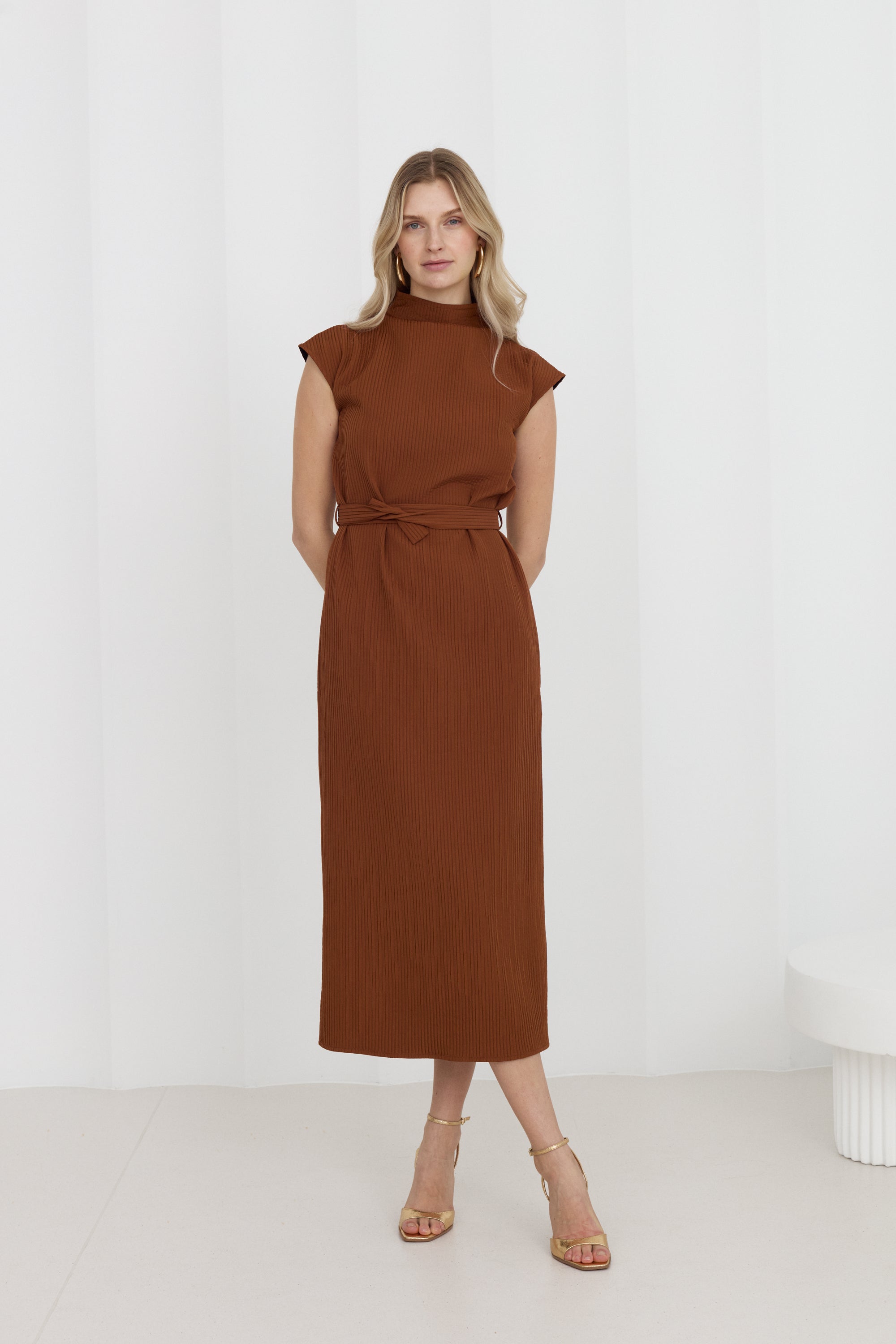 JUNO Brown Midi Dress with High Collar
