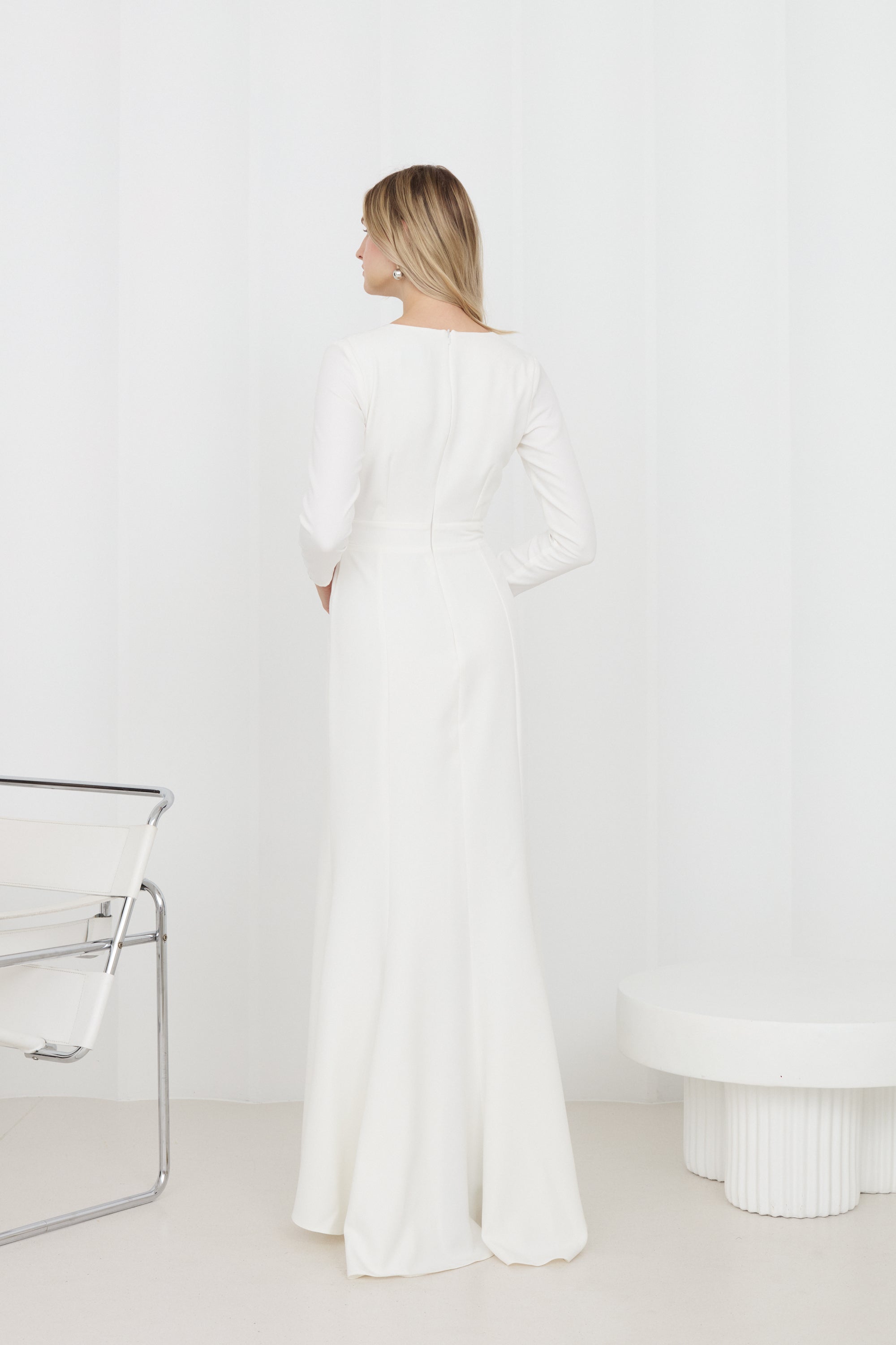 MIRANDA White Maxi Wedding Gown with Long Sleeves and a Deep Neckline
