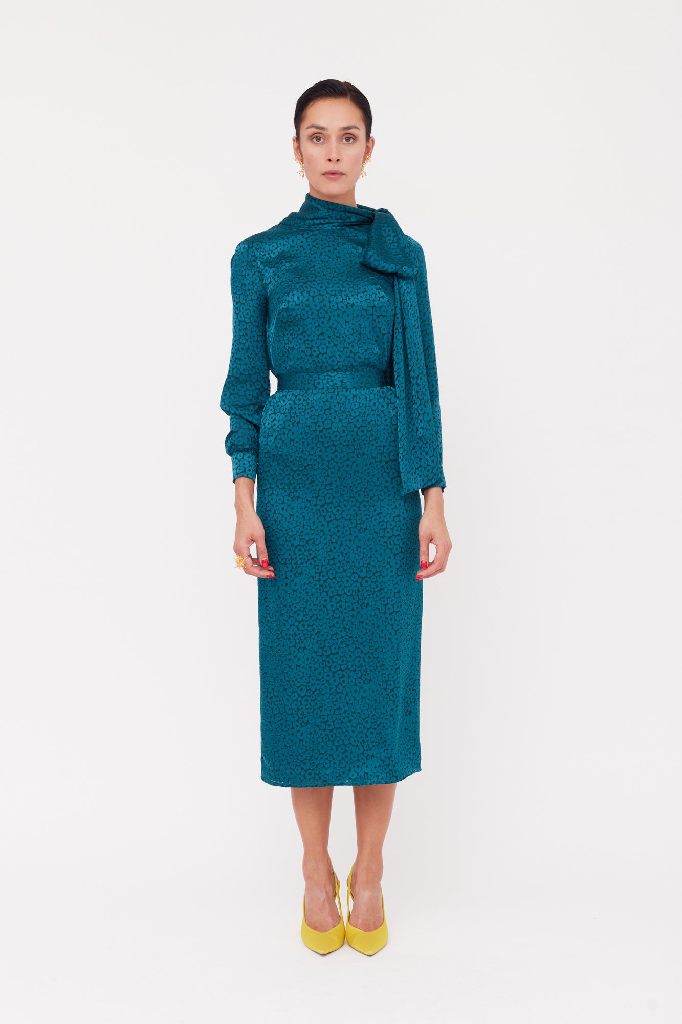 MONE Teal Blue Jacquard Fabric Midi Dress With Ribbon on Shoulder
