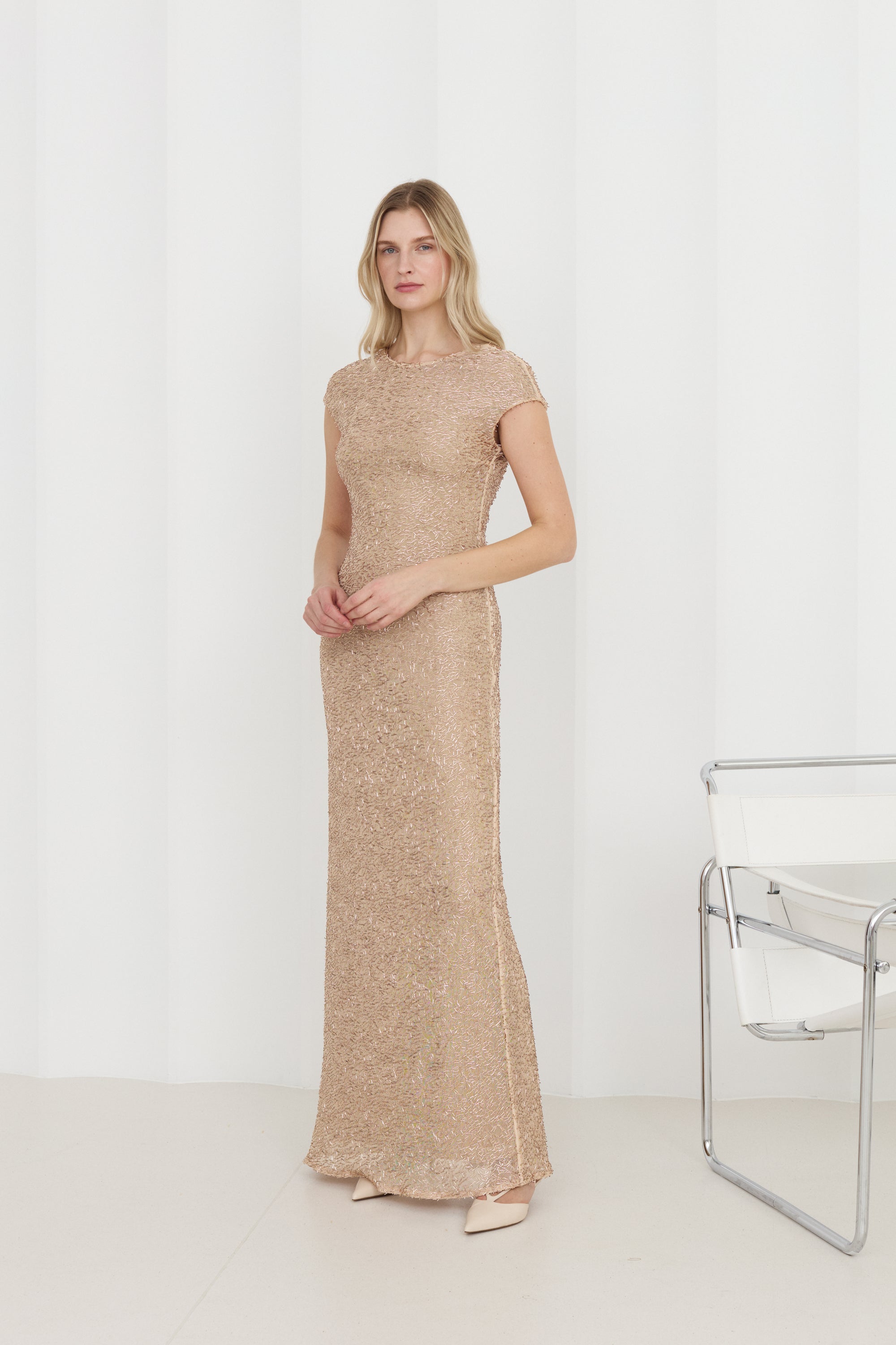 NORA Beaded Nude-Toned Evening Gown