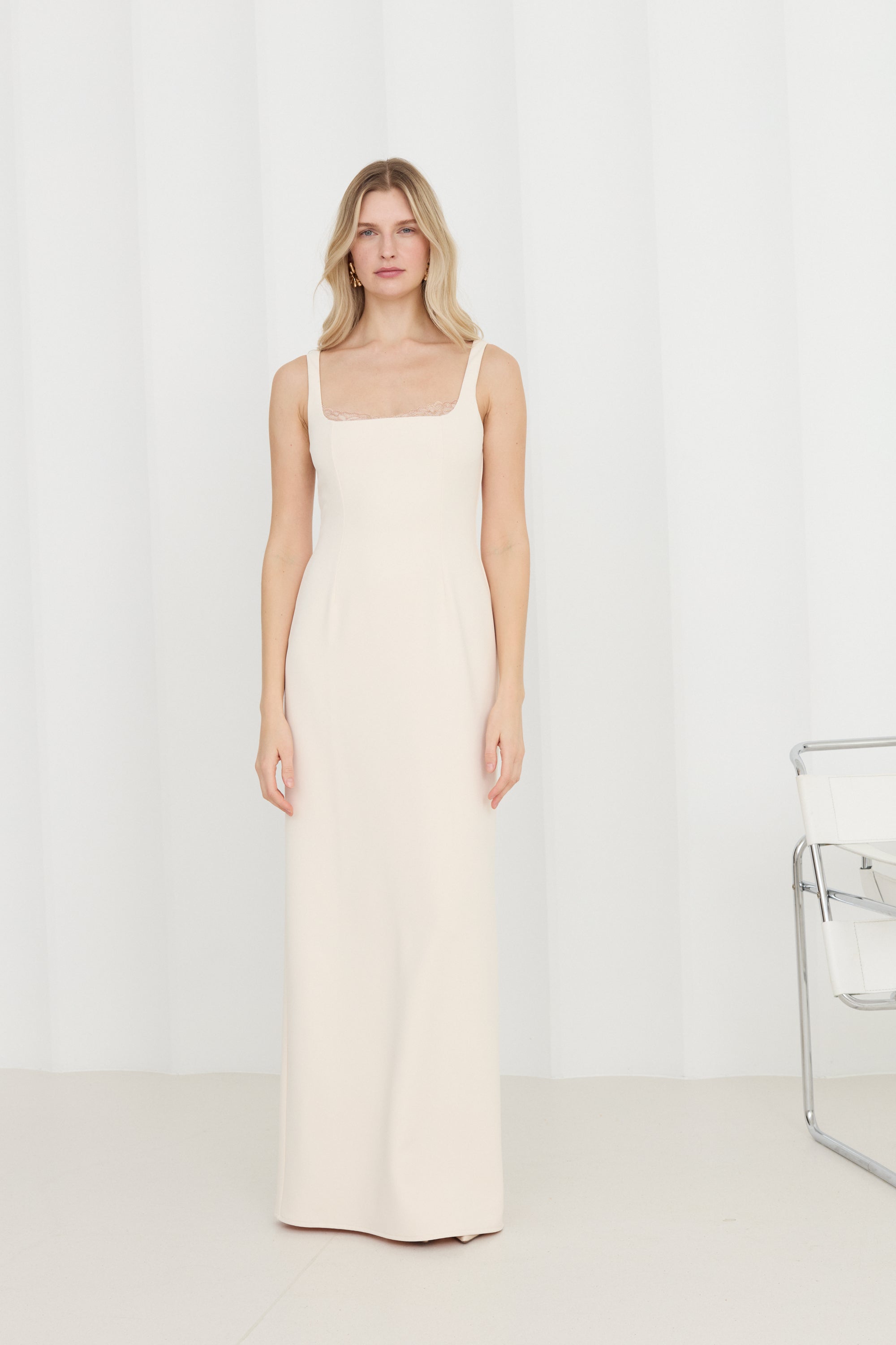 OCTAVIA Pastel Evening Maxi Dress with Lace-Trimmed Neckline