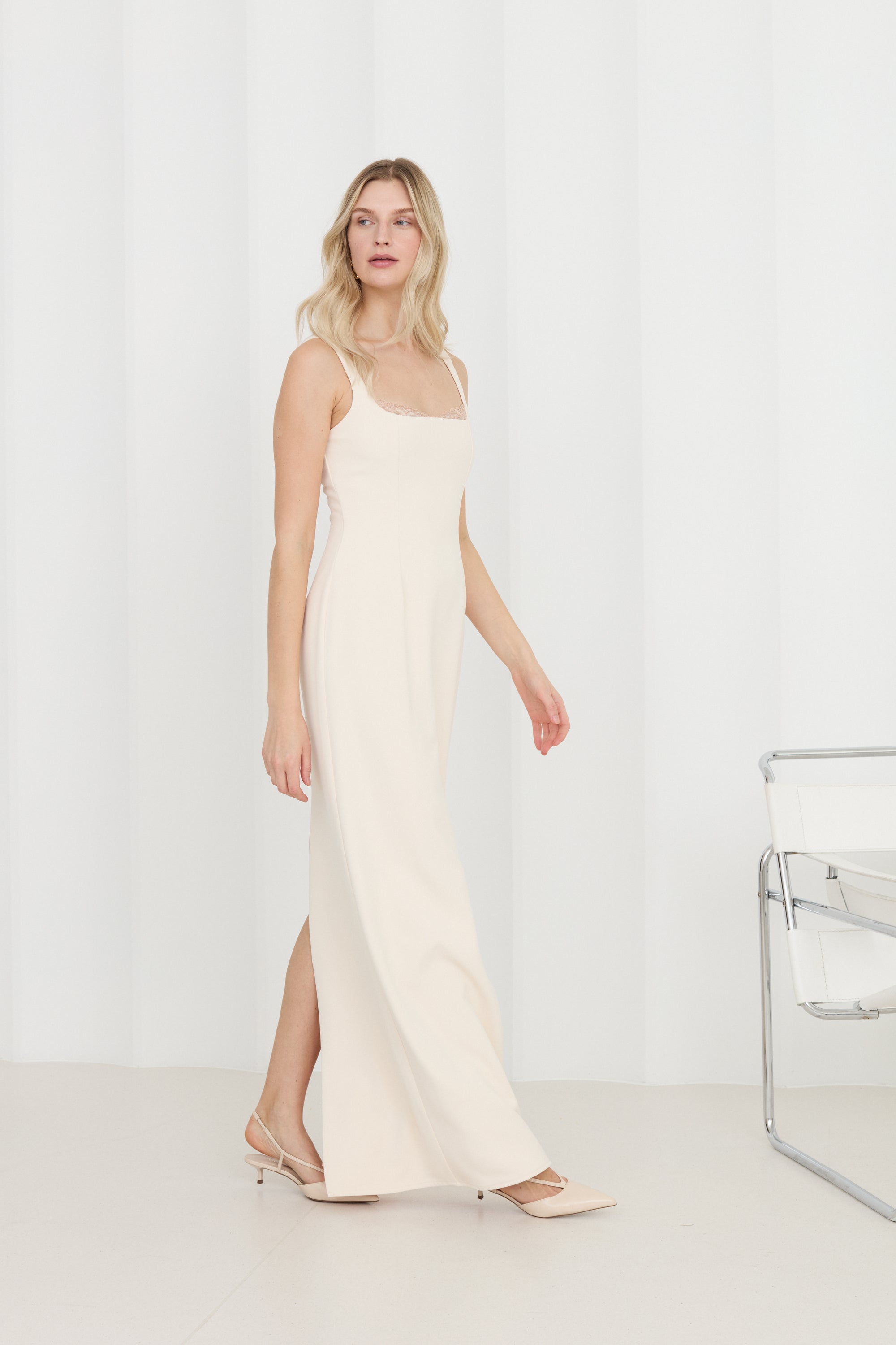OCTAVIA Pastel Evening Maxi Dress with Lace-Trimmed Neckline