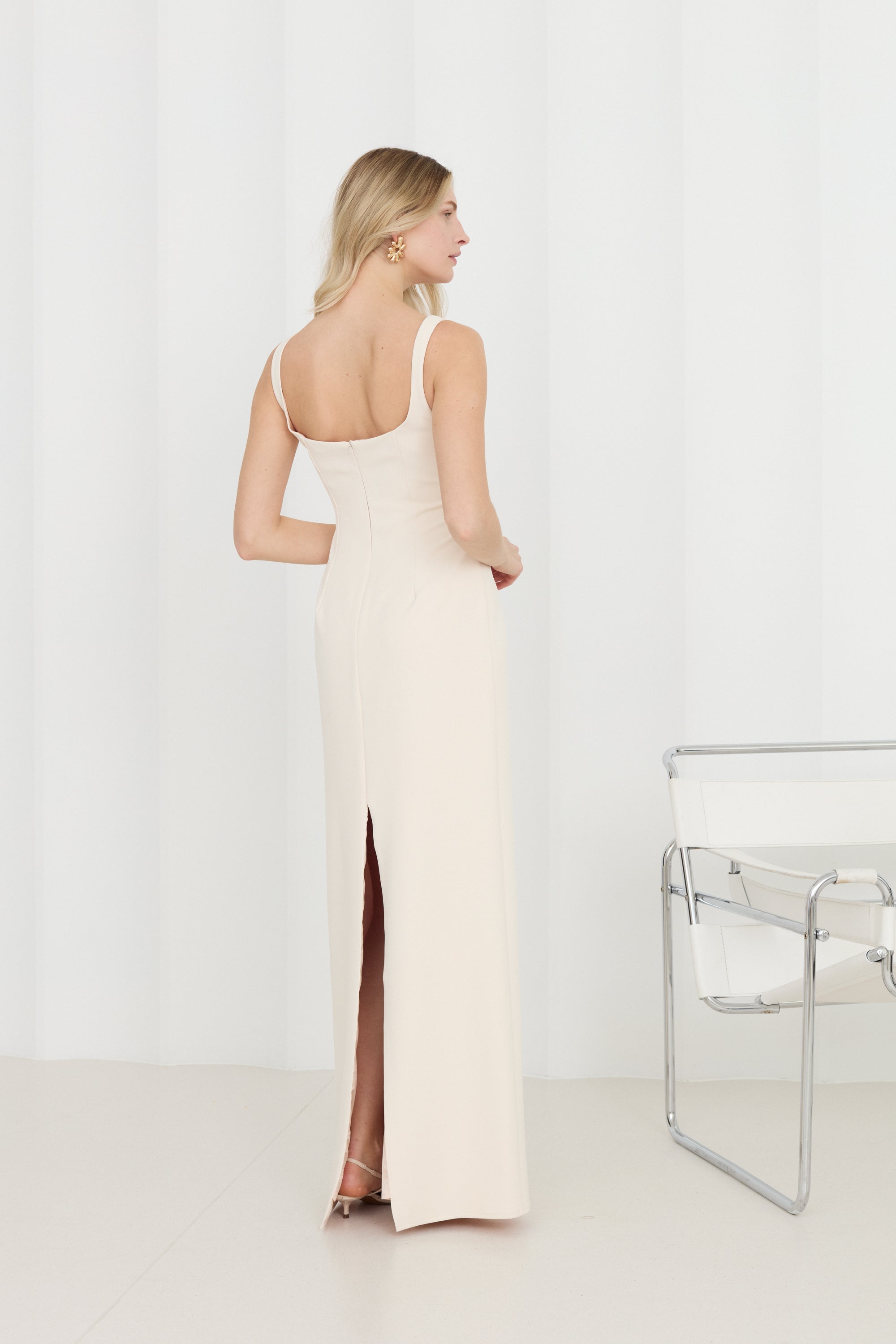 OCTAVIA Pastel Evening Maxi Dress with Lace-Trimmed Neckline