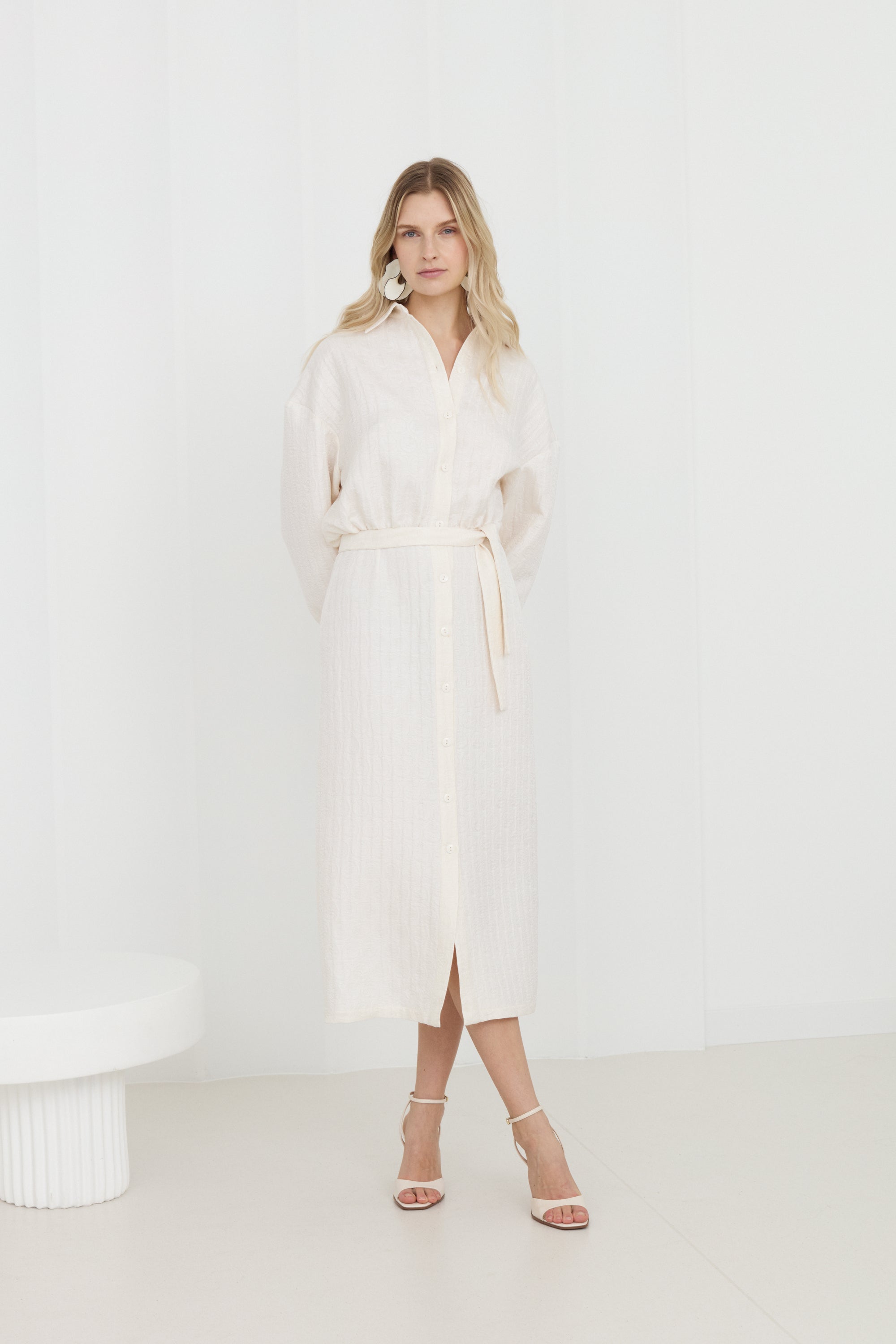 OLINE Off-White Midi Shirt Dress With Pencil Skirt
