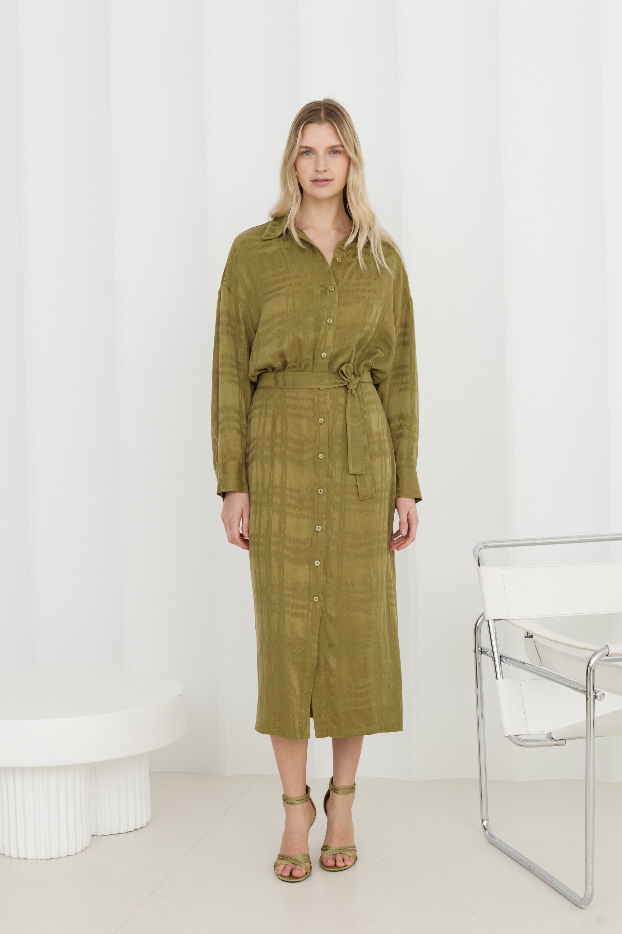 OLINE Olive Green Shirt-Style Midi Dress