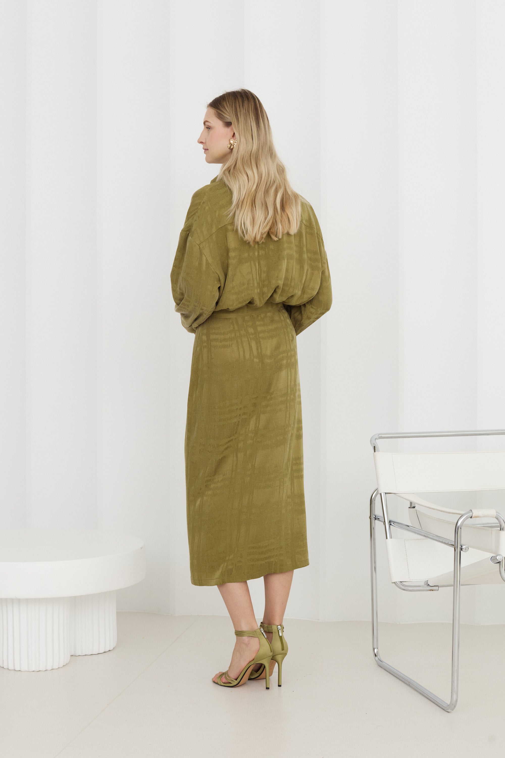 OLINE Olive Green Shirt-Style Midi Dress