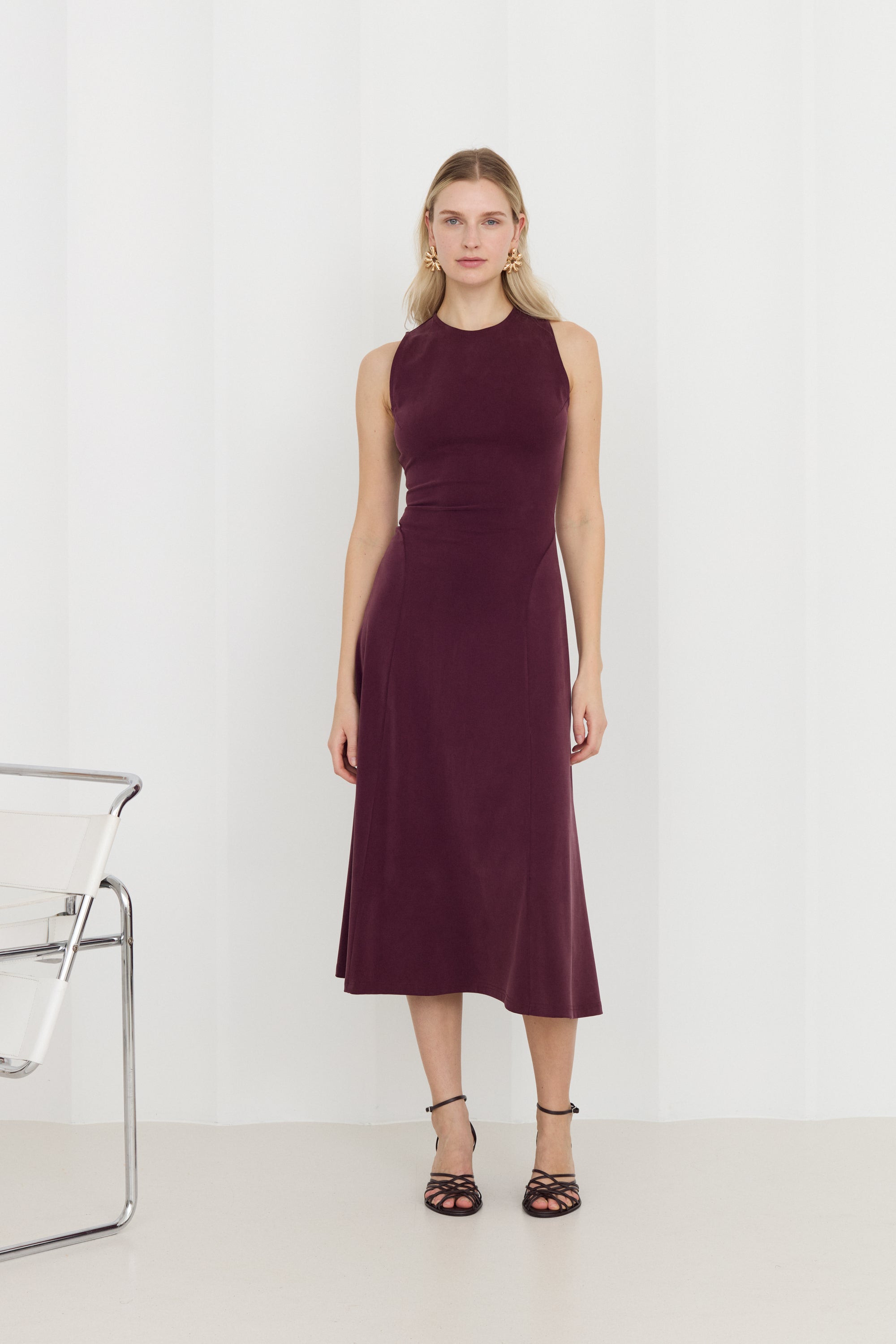SEBA Grape Purple Cozy Knit Midi Dress with Flared Skirt