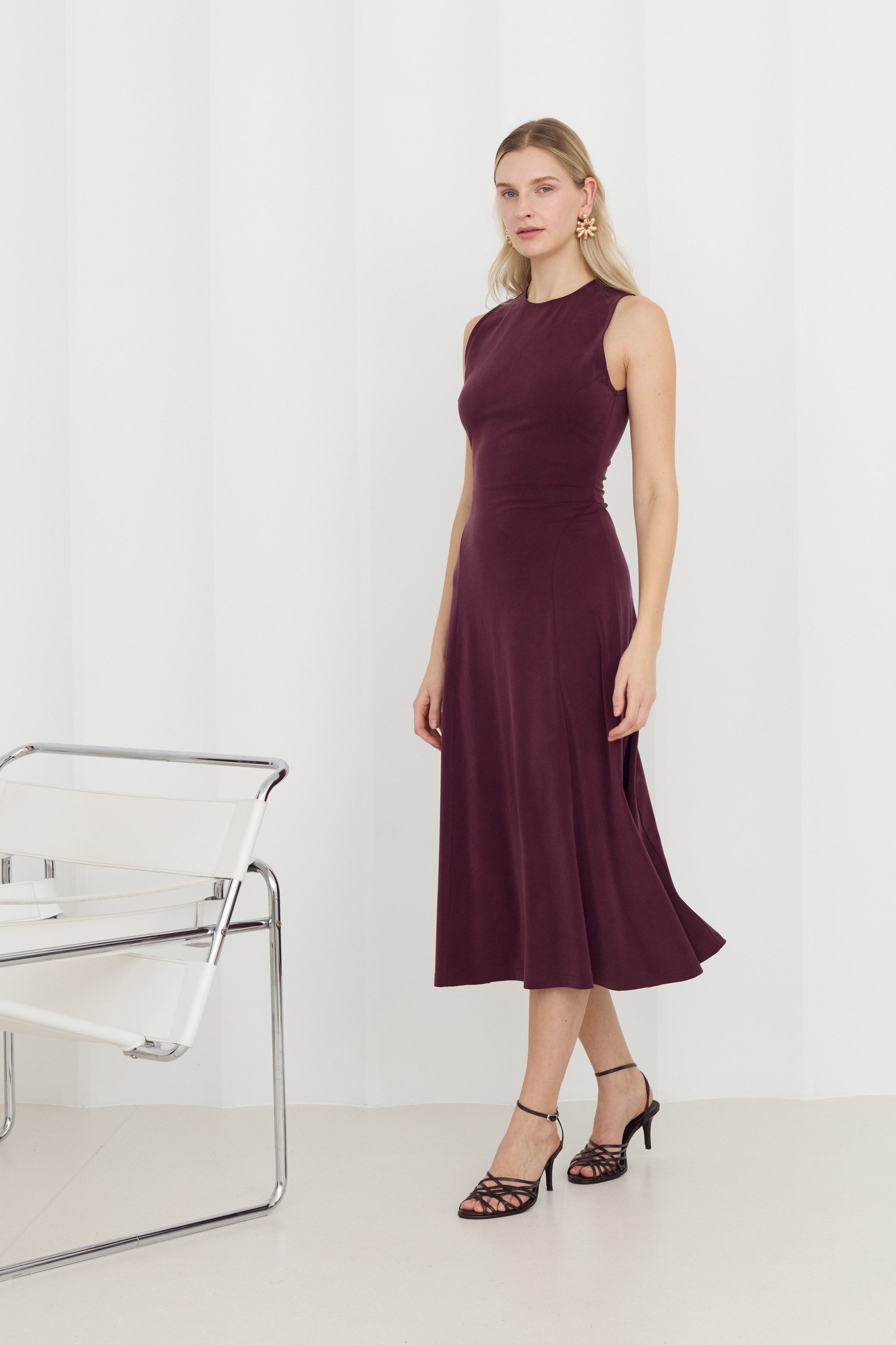 SEBA Grape Purple Cozy Knit Midi Dress with Flared Skirt