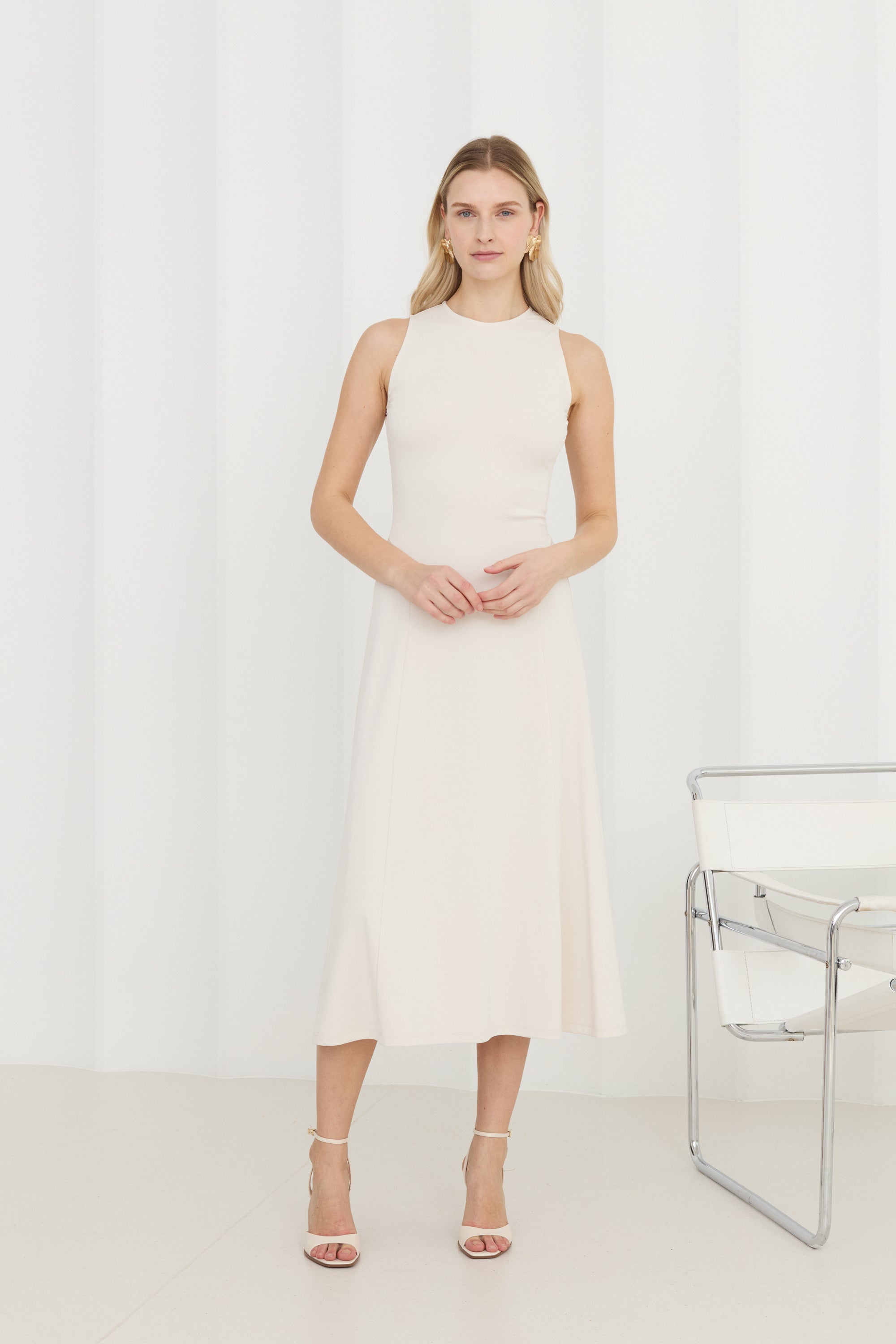 SEBA Off-White Bodycon Midi Dress with Flared Skirt