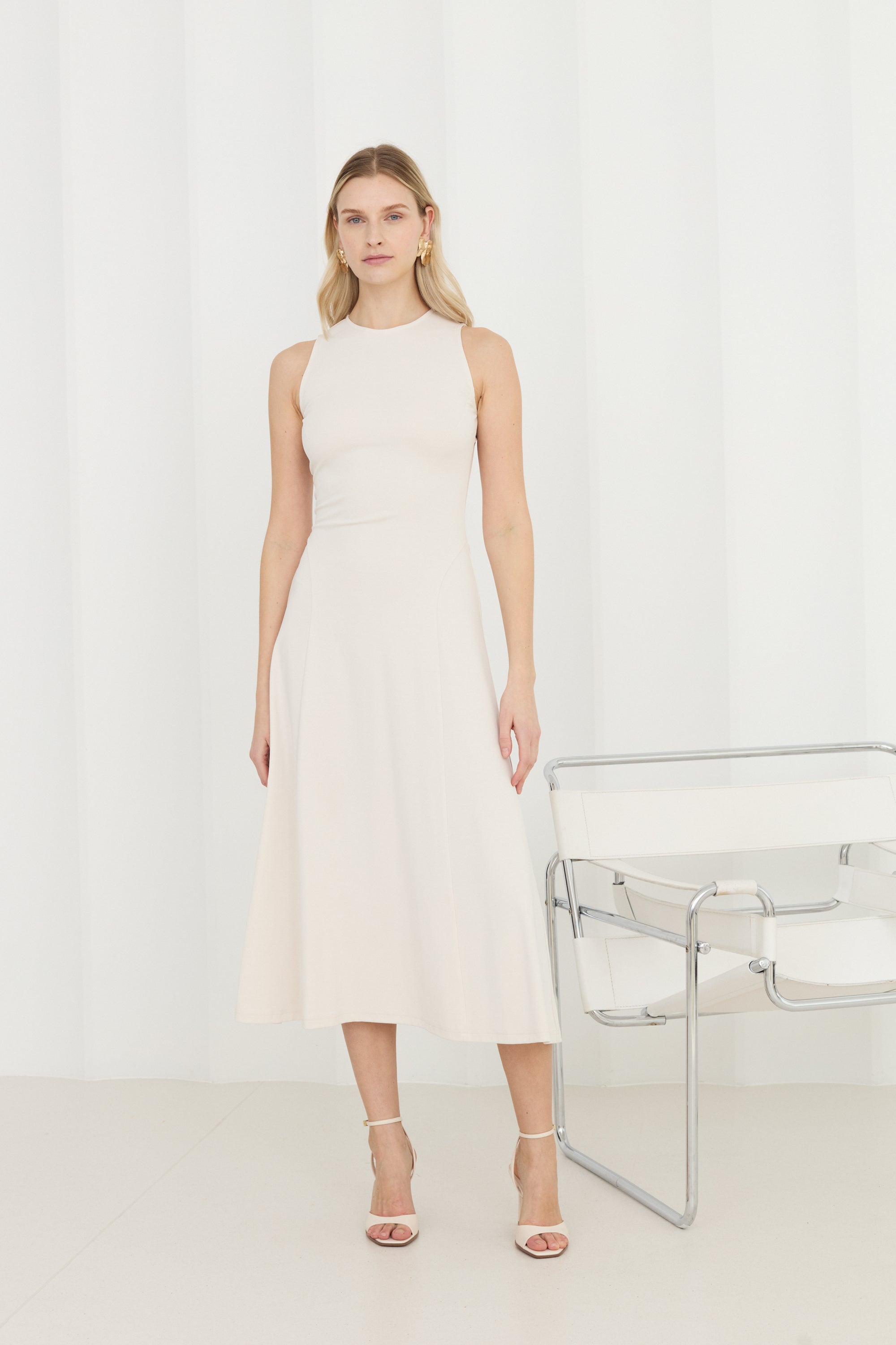 SEBA Off-White Bodycon Midi Dress with Flared Skirt