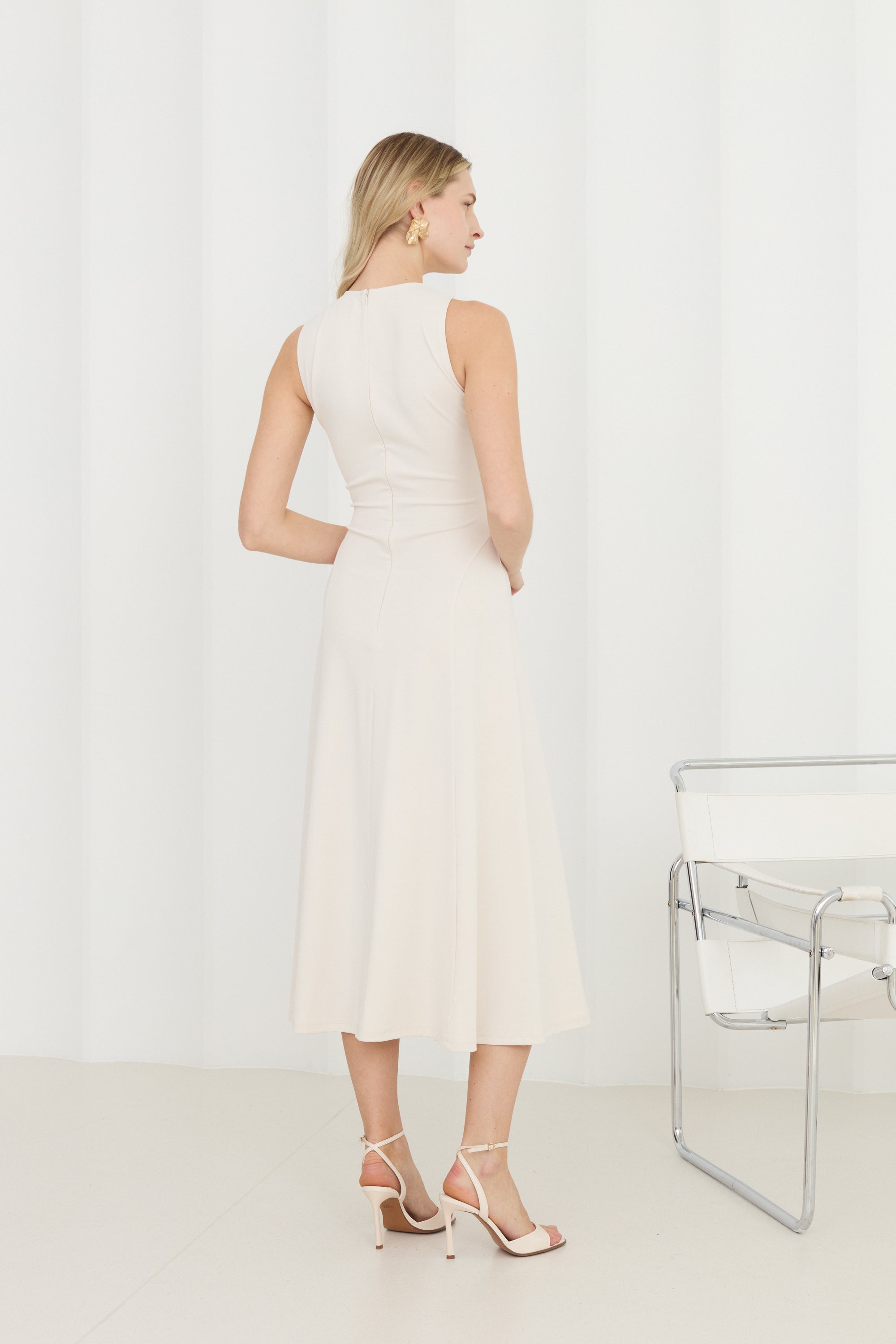 SEBA Off-White Bodycon Midi Dress with Flared Skirt
