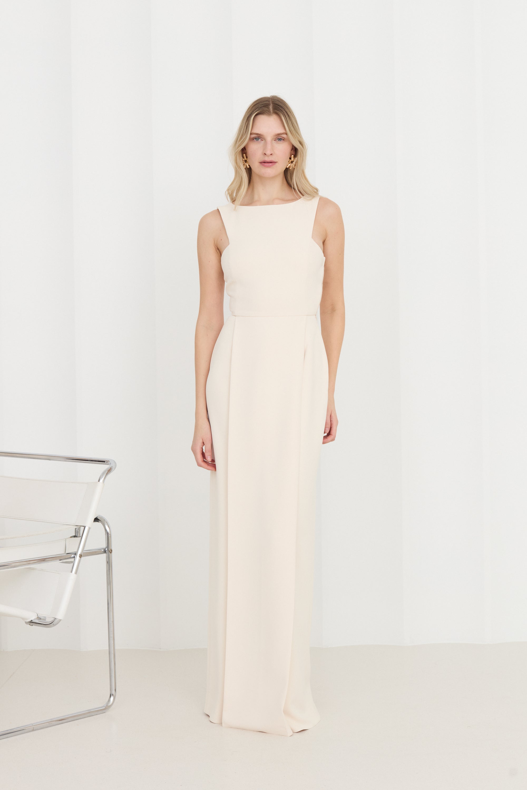 SONORA Pastel Cream Long Dress With Pleated Pencil Skirt