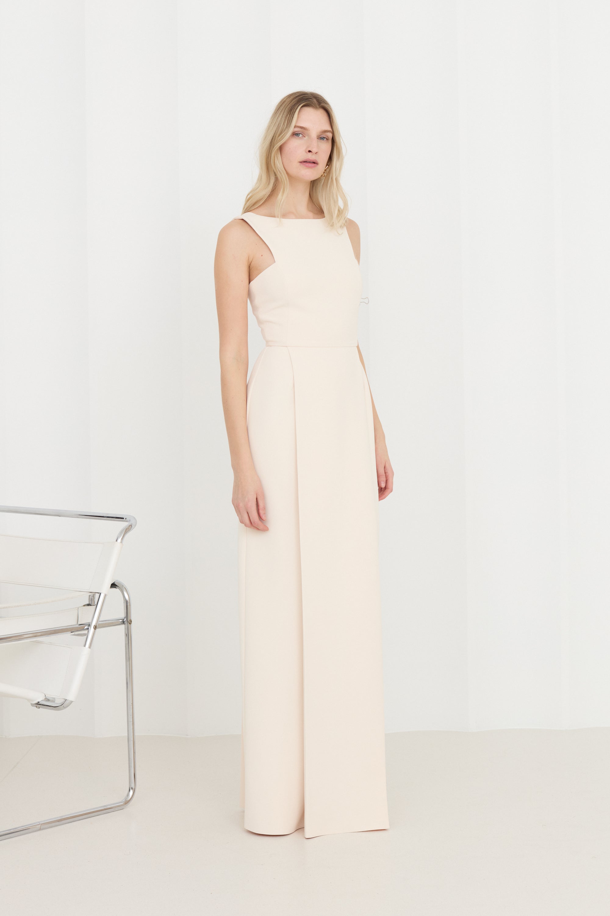 SONORA Pastel Cream Long Dress With Pleated Pencil Skirt