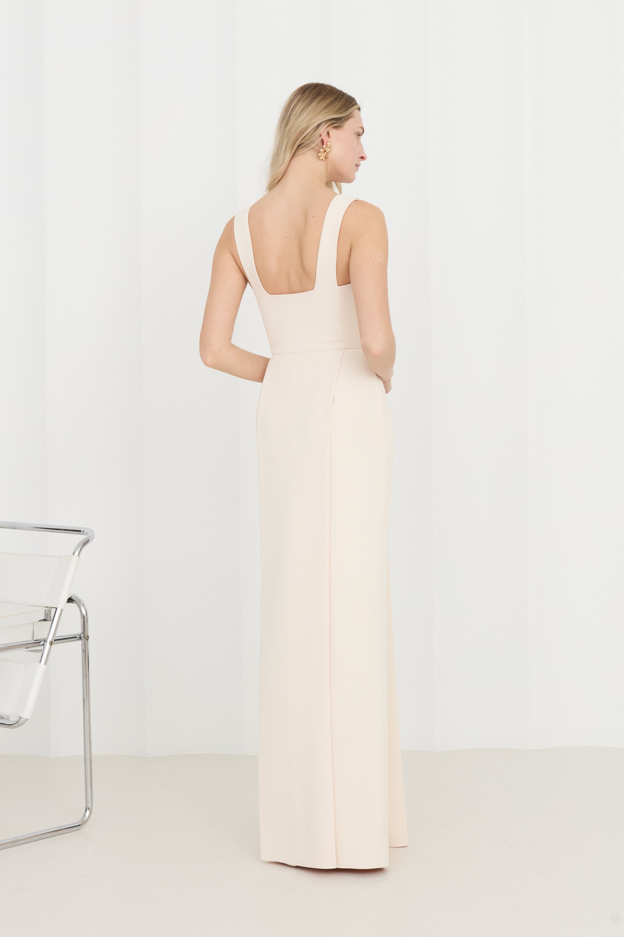 SONORA Pastel Cream Long Dress With Pleated Pencil Skirt