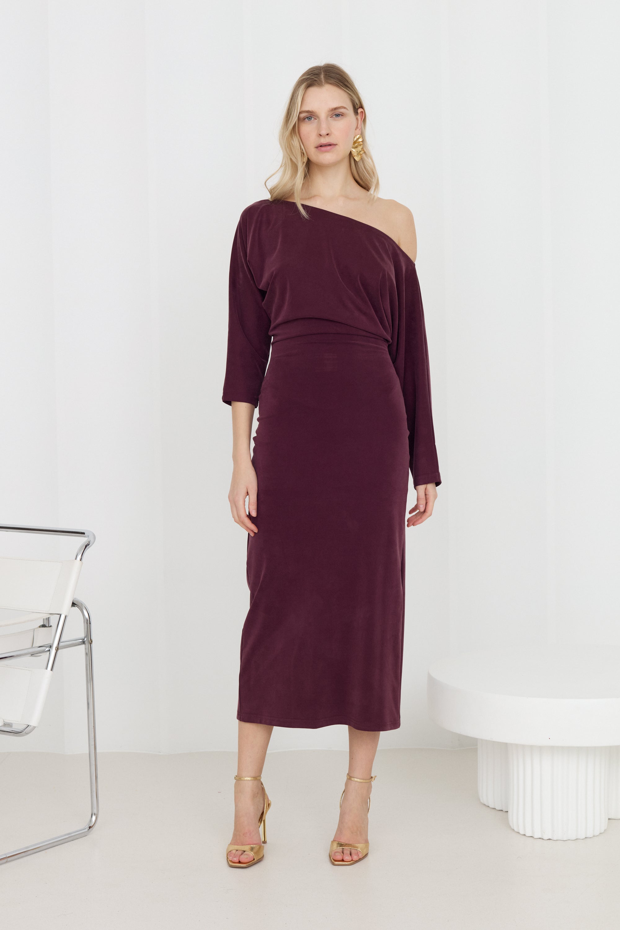 THEA Grape Purple Off-Shoulder Midi Dress with Long Sleeves