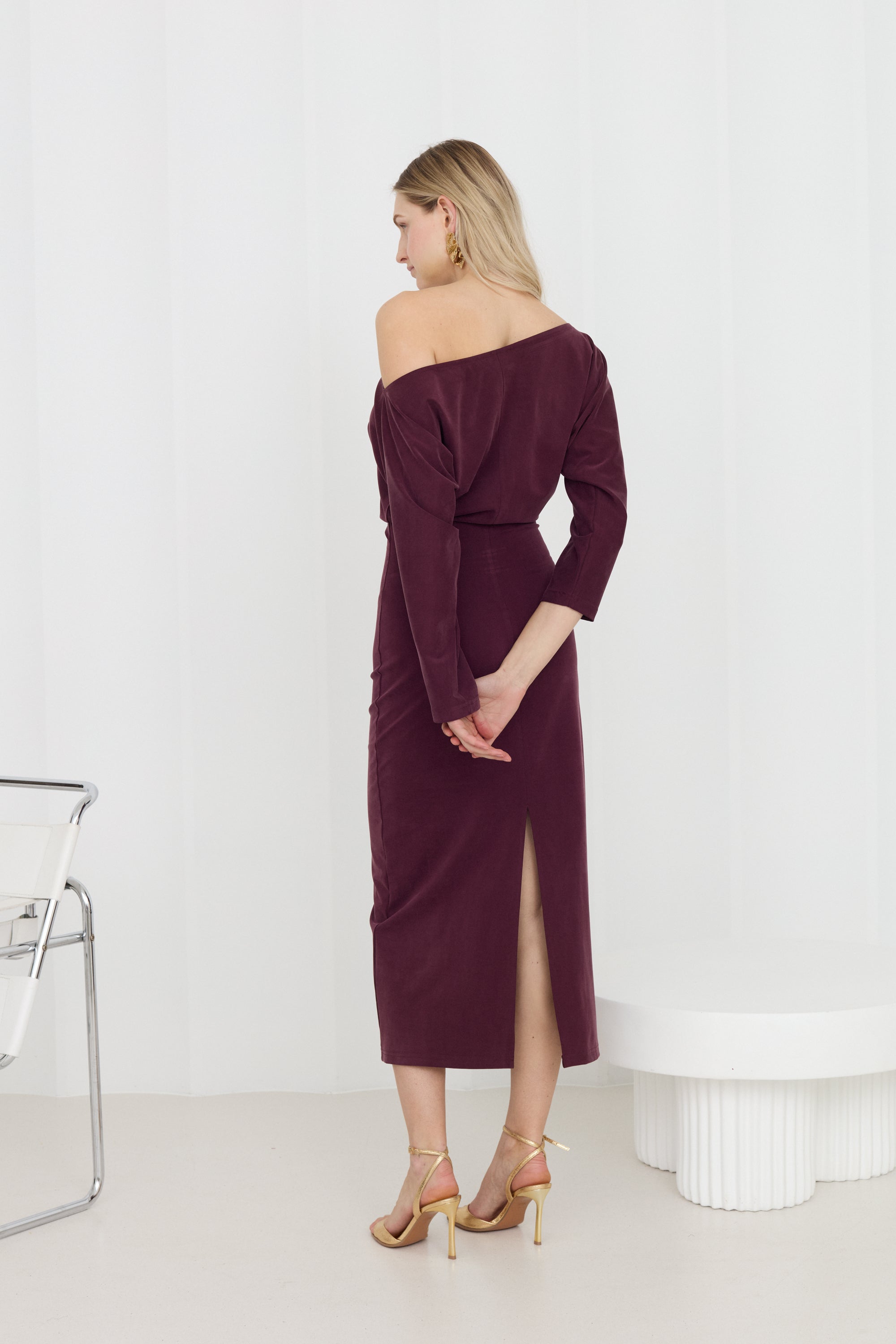 THEA Grape Purple Off-Shoulder Midi Dress with Long Sleeves