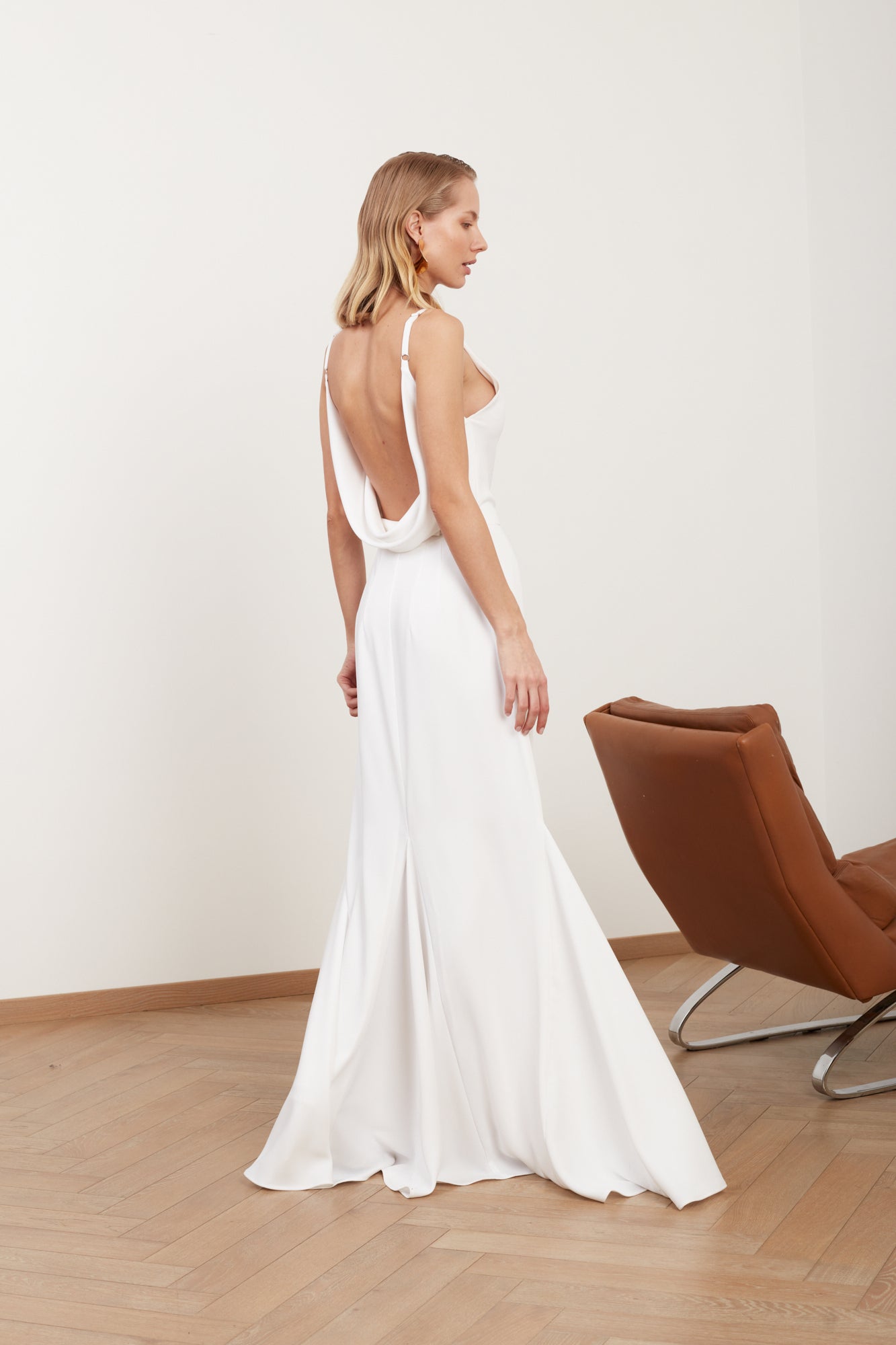 LINEA white long wedding dress with cowl back