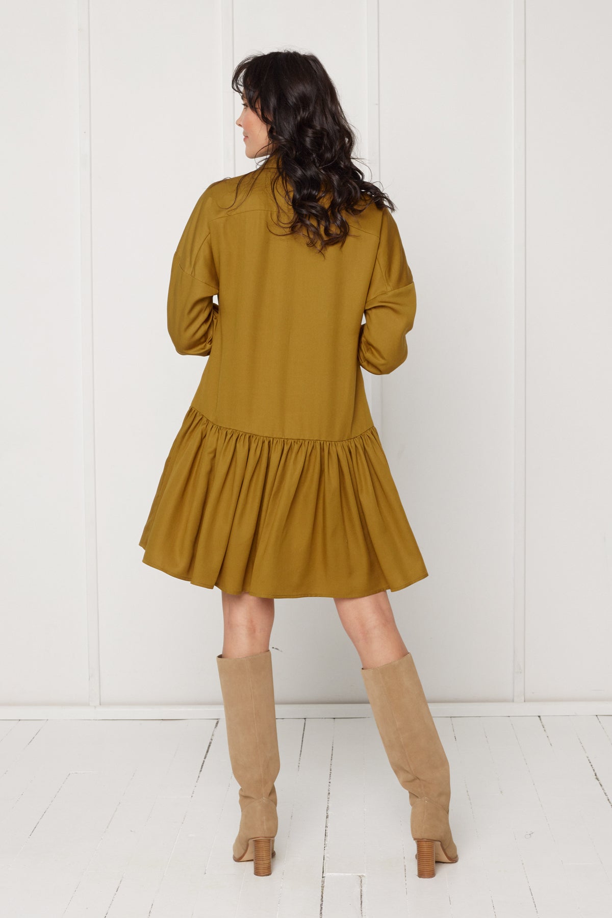 EVA tencel shirt dress with double front frill in olive green
