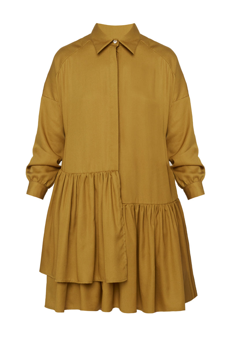 EVA tencel shirt dress with double front frill in olive green