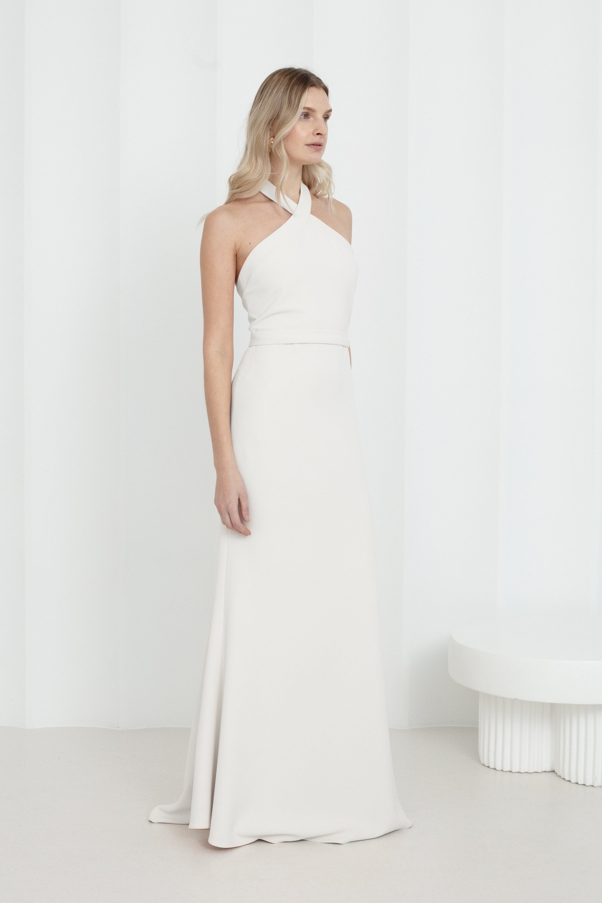 GISEL White Long Wedding Dress With Halter Neck