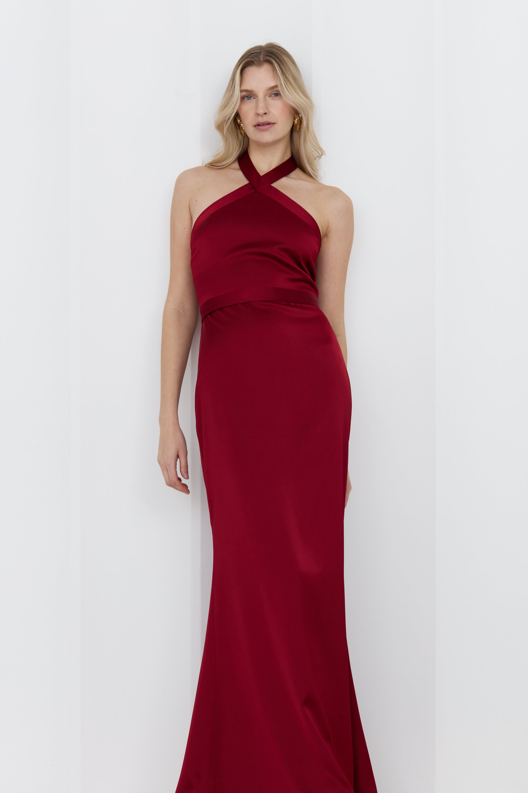 GISEL Red Halter Neck Long Evening Dress