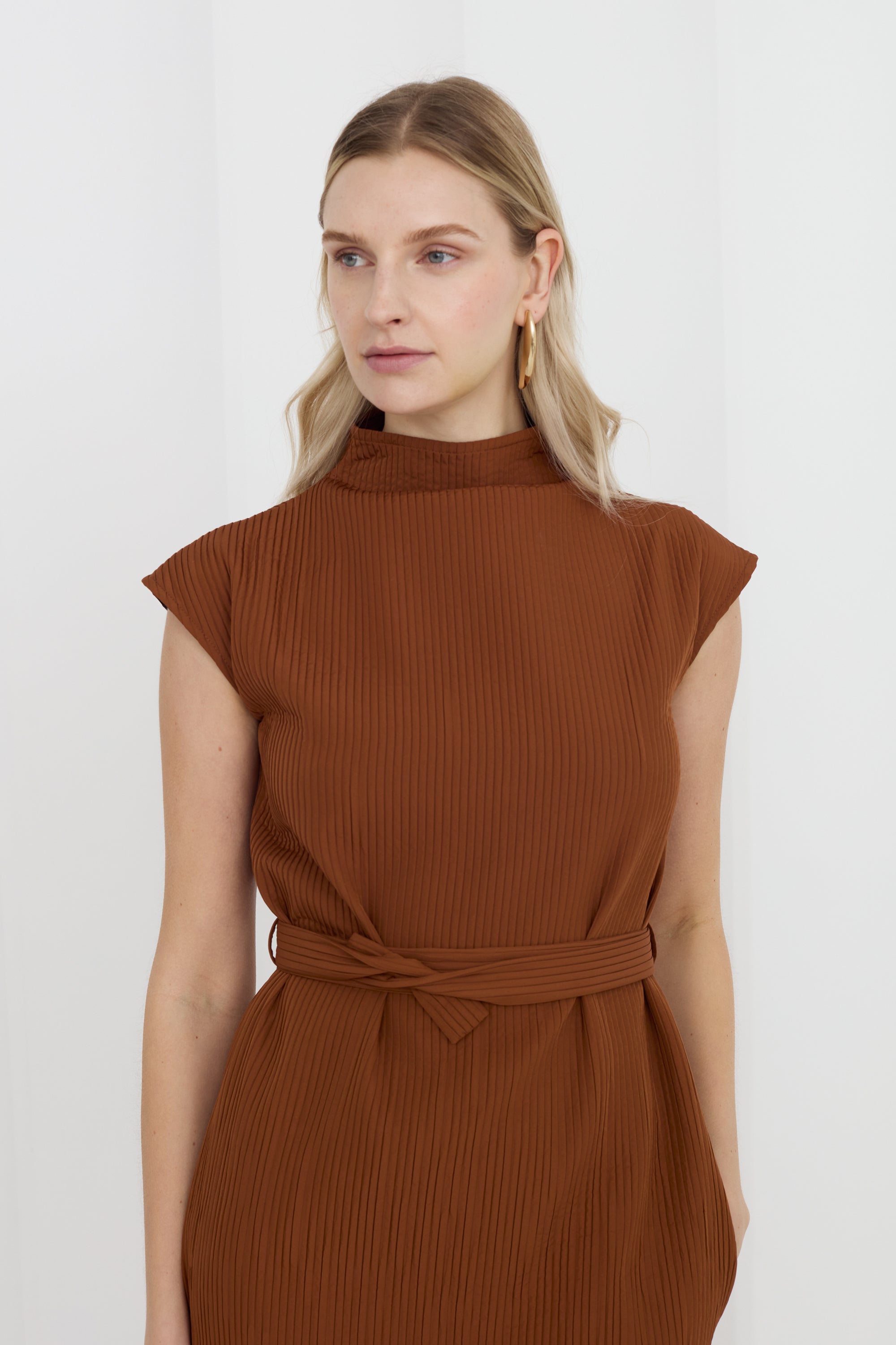 JUNO Brown Midi Dress with High Collar