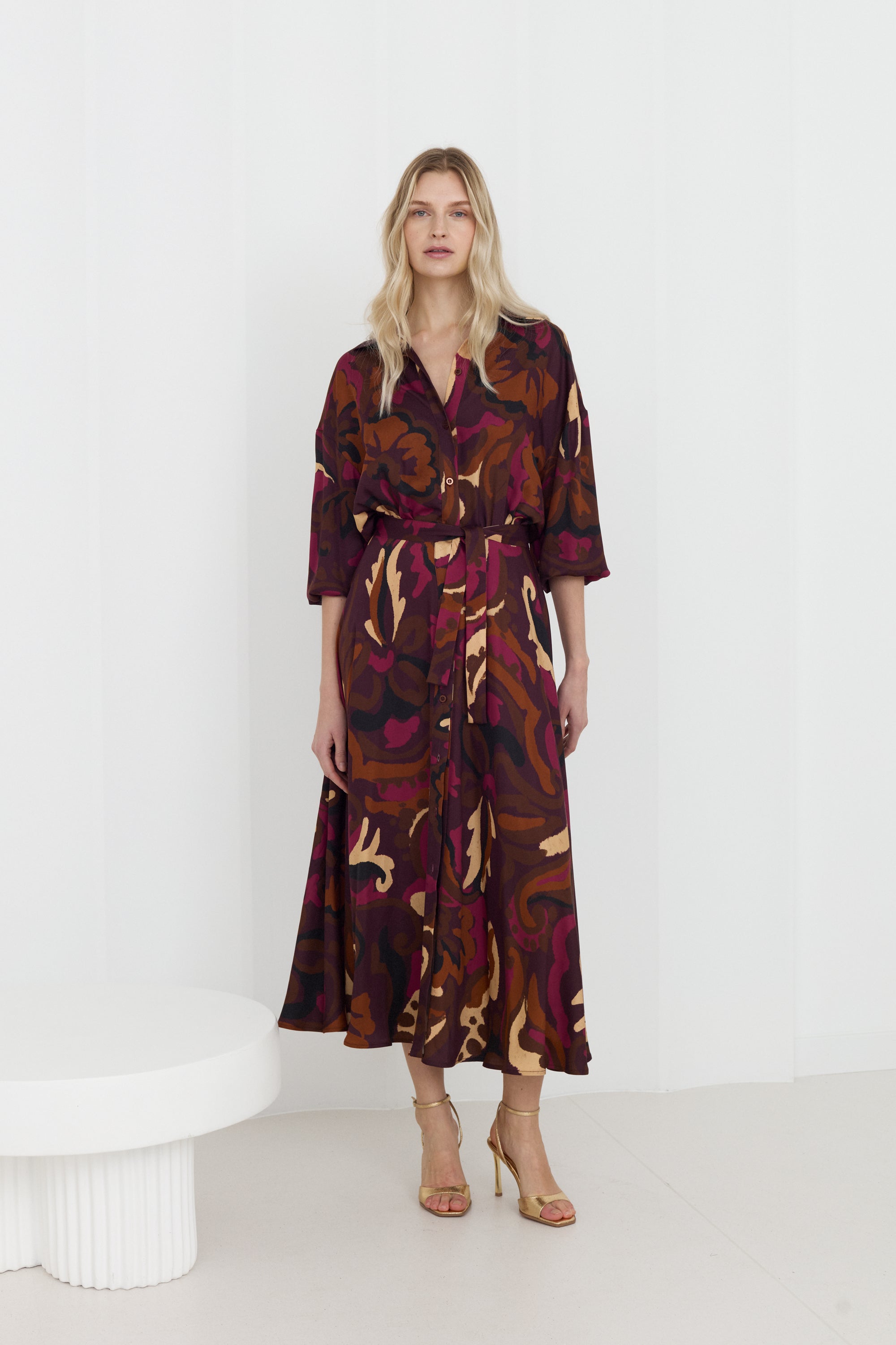 MEGARA Brown Pink Print Oversized Midi Shirt Dress With Kimono Sleeves