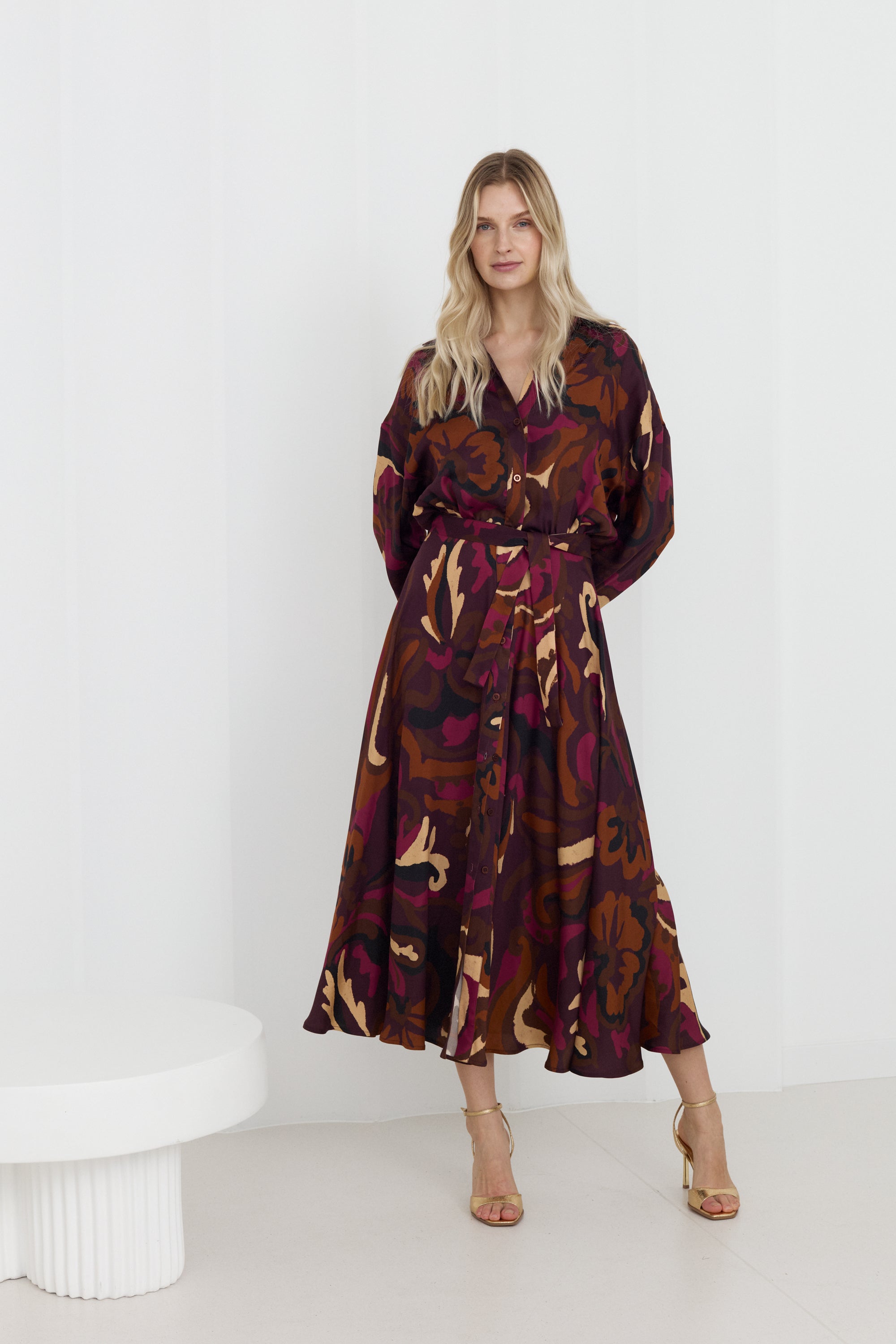 MEGARA Brown Pink Print Oversized Midi Shirt Dress With Kimono Sleeves