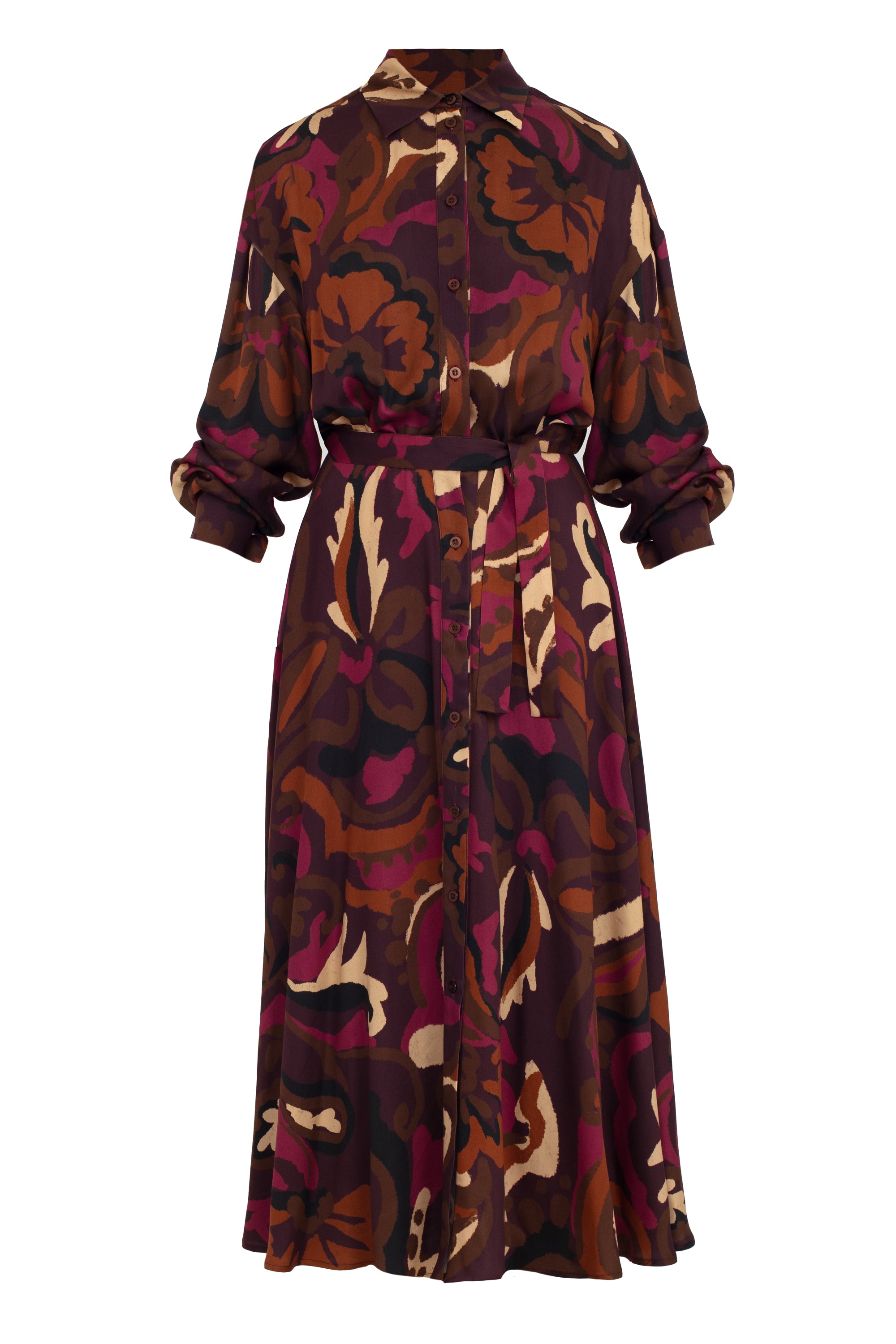 MEGARA Brown Pink Print Oversized Midi Shirt Dress With Kimono Sleeves